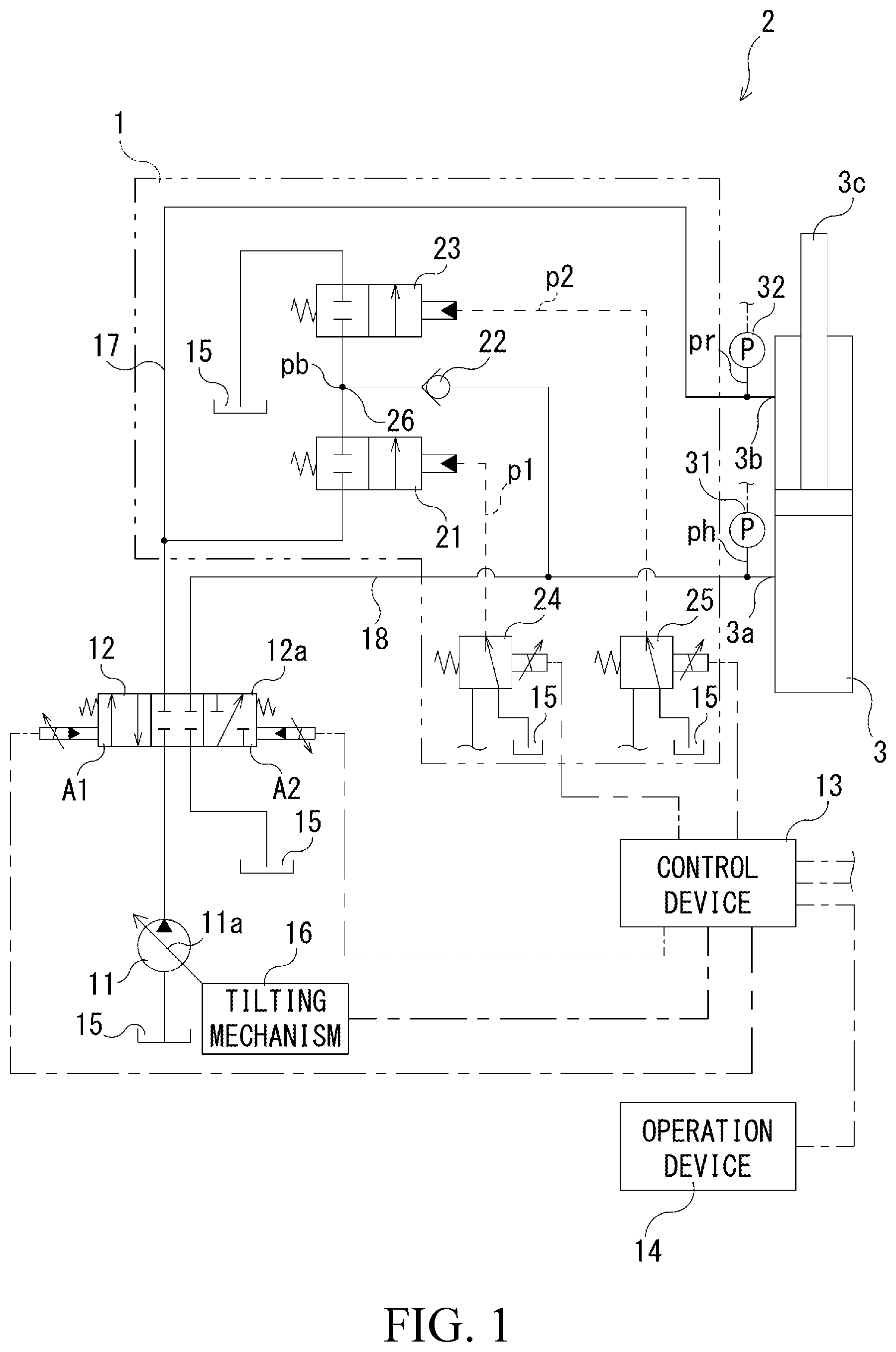 Patent US11815109 Figure 1 – Regeneration device, hydraulic drive system equipped with same, and control device therefor