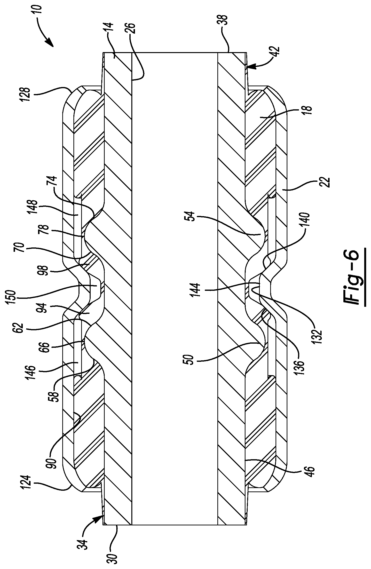 Patent US11815149 Figure 3 – Elastomeric bushing with travel limiter