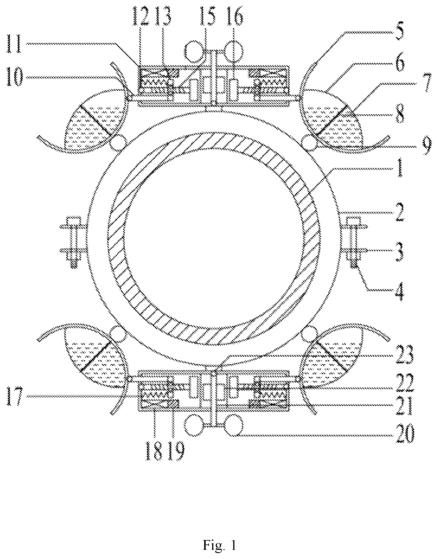 Patent US11815150 Figure 1 – Magnetostriction-based vibration suppression apparatus for steel pipe of power transmission tower and suppression method thereof