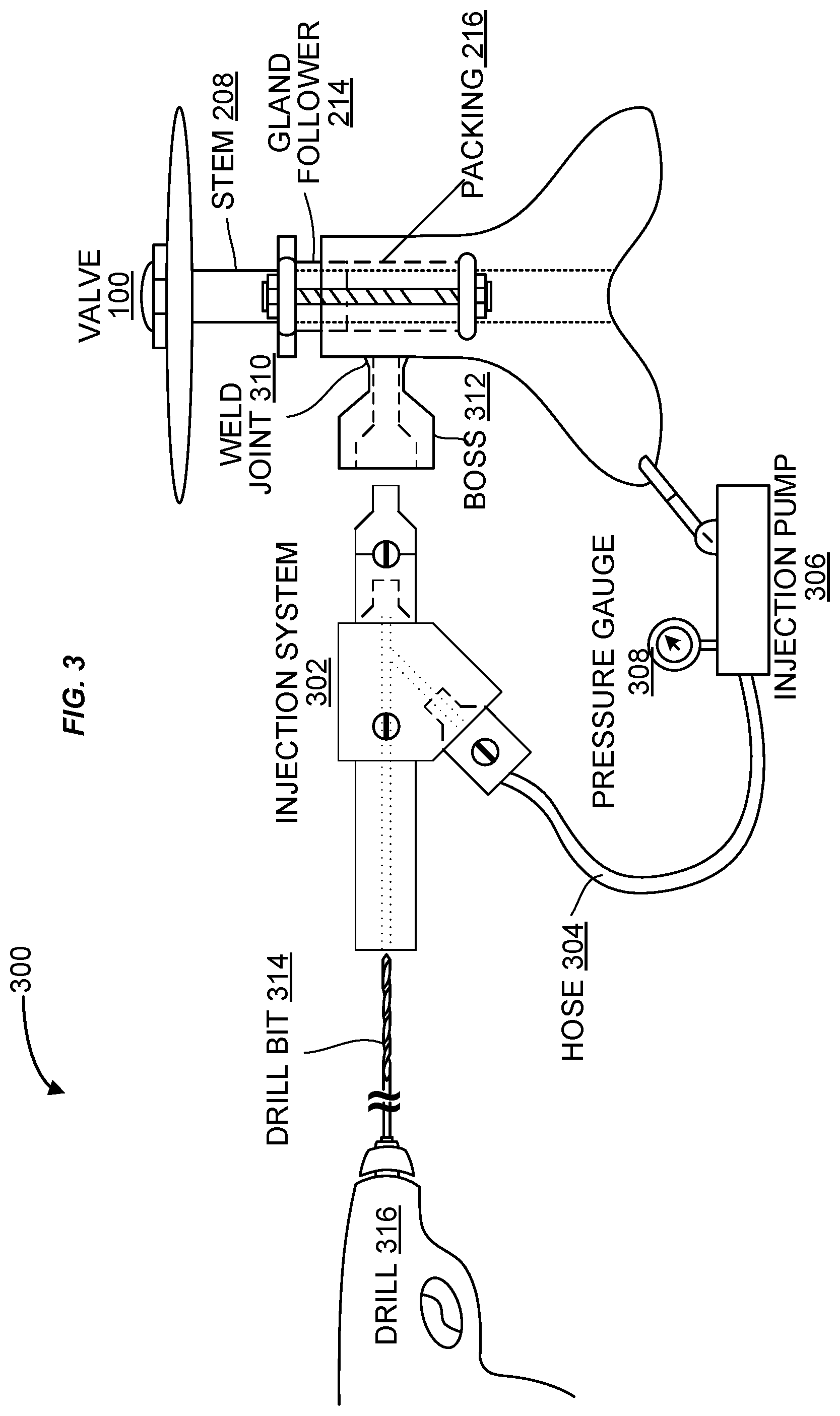 Patent US11815192 Figure 3 – Plurality of studs being friction welded to an exterior surface of a curved structure having a block patch and a steel patch between the exterior surface and the studs