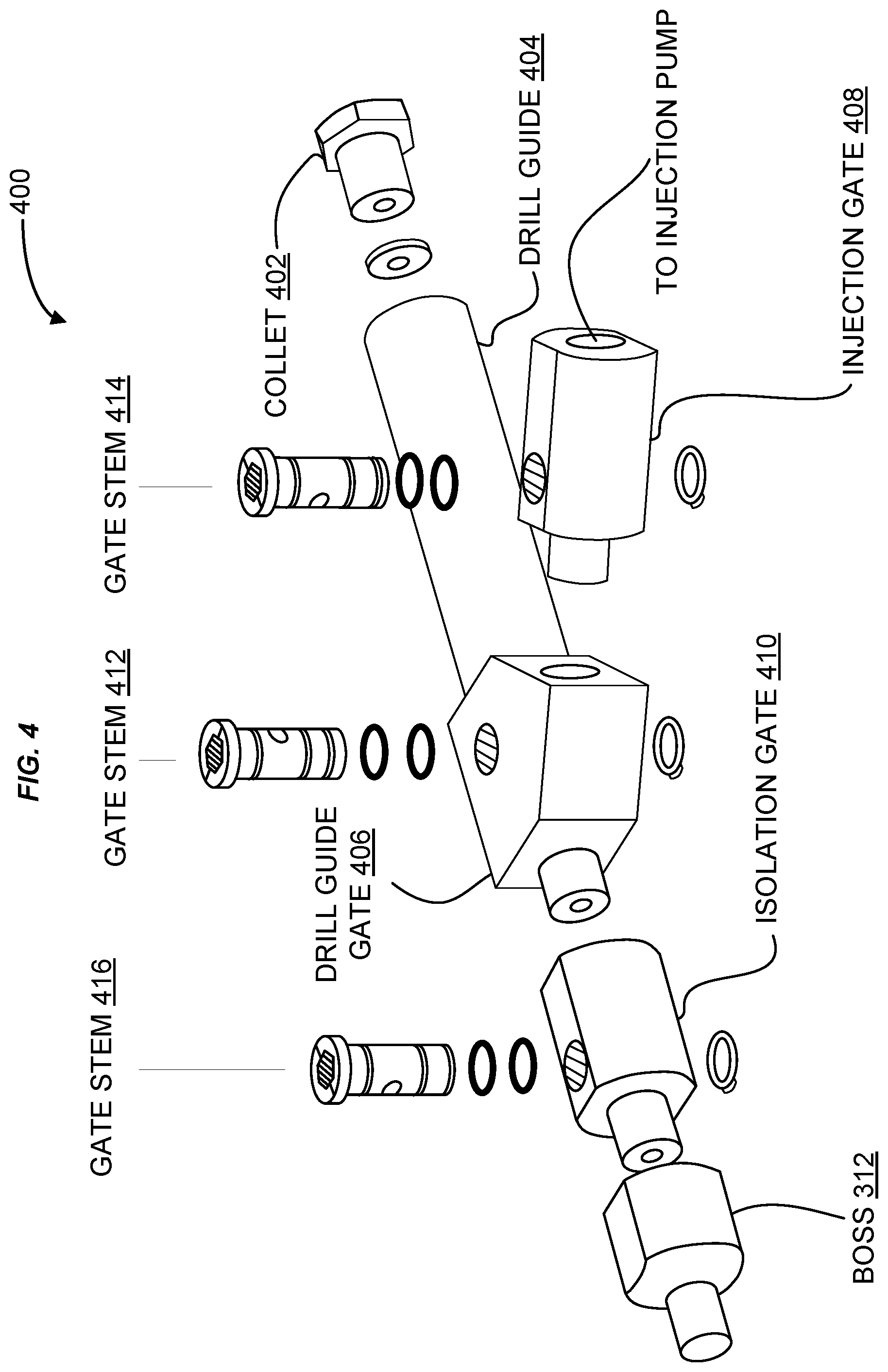 Patent US11815192 Figure 4 – Plurality of studs being friction welded to an exterior surface of a curved structure having a block patch and a steel patch between the exterior surface and the studs