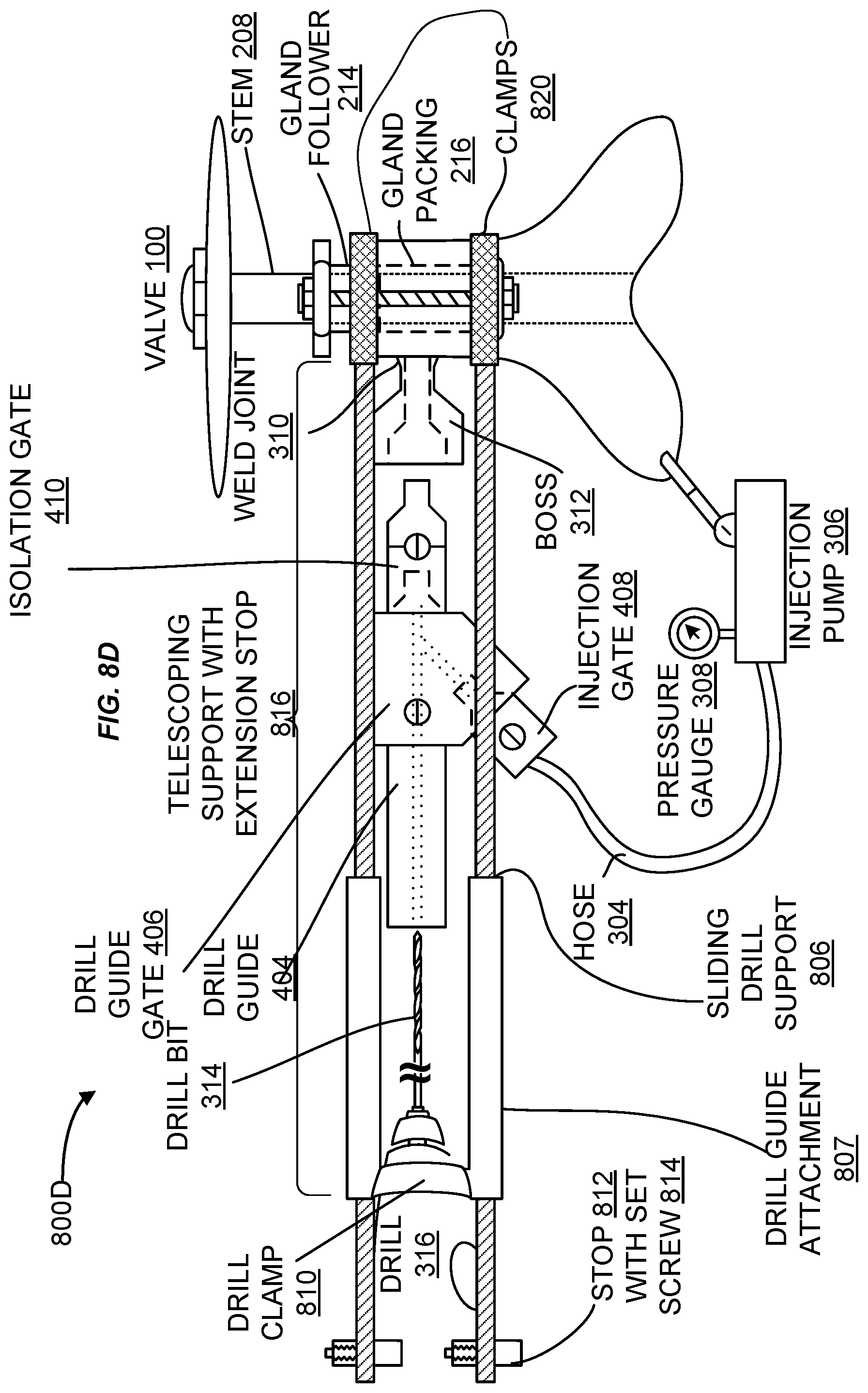 Patent US11815192 Figure 11 – Plurality of studs being friction welded to an exterior surface of a curved structure having a block patch and a steel patch between the exterior surface and the studs