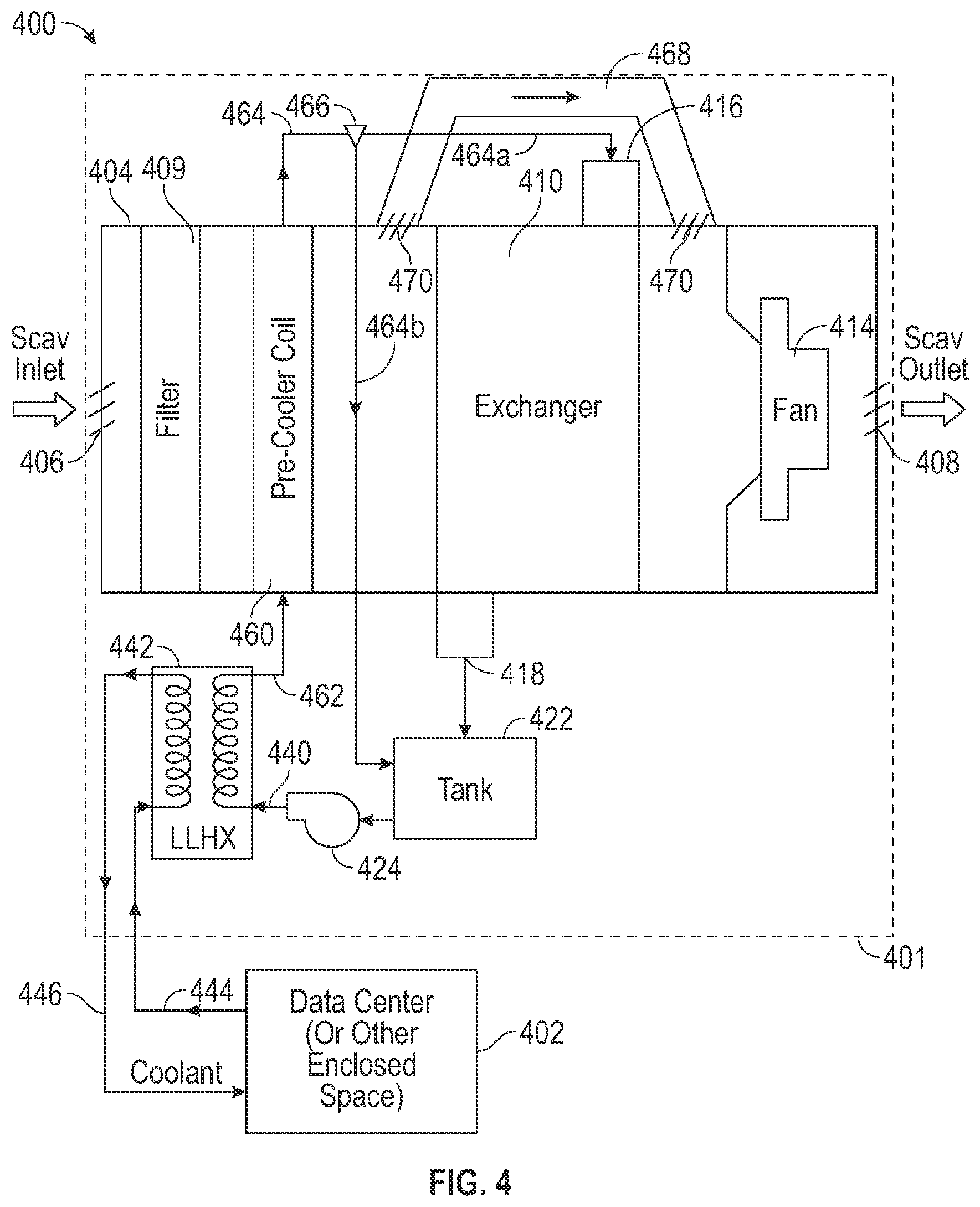 Patent US11815283 Figure 4 – Using liquid to air membrane energy exchanger for liquid cooling