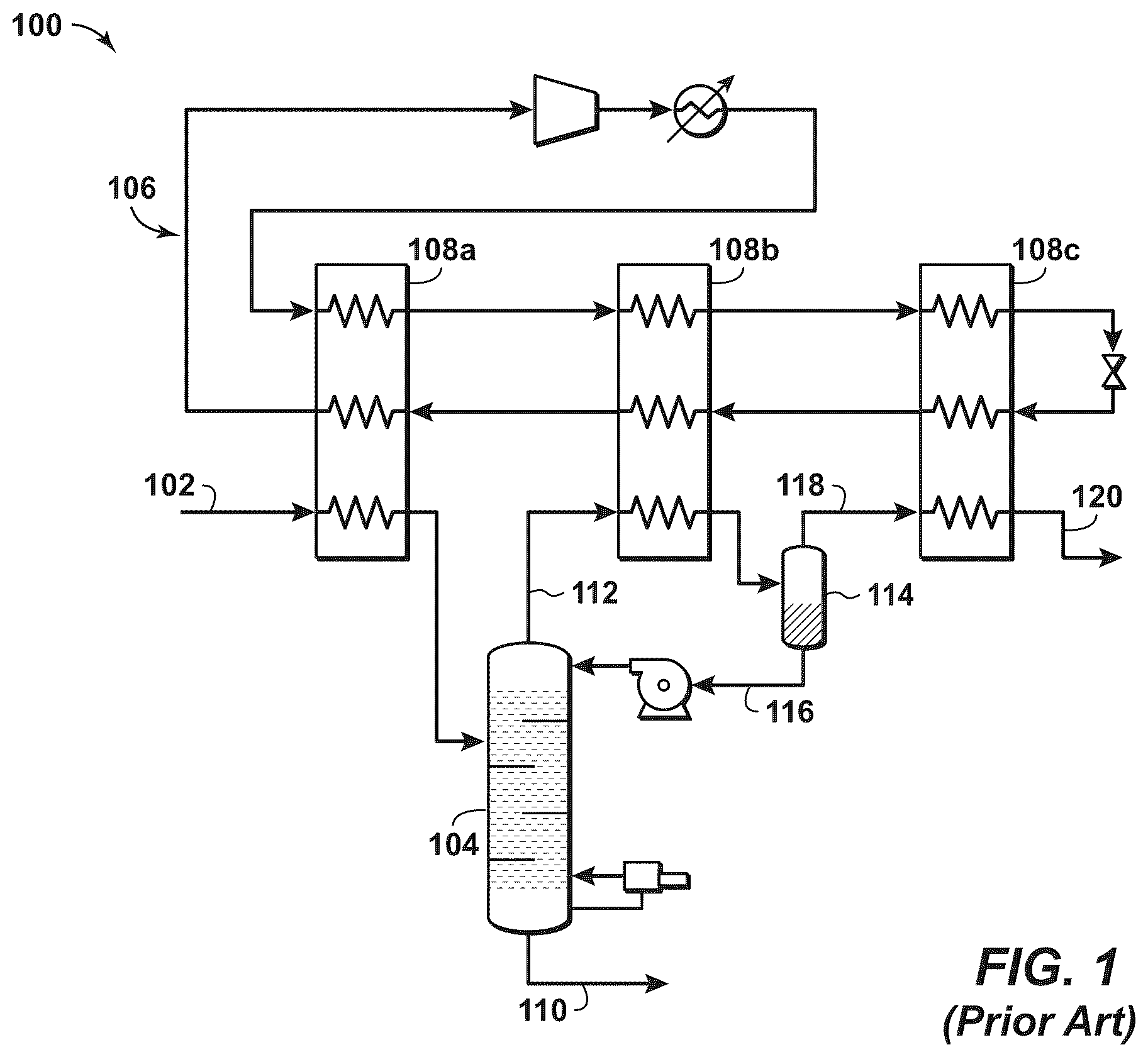 Patent US11815308 Figure 1 – Pretreatment and pre-cooling of natural gas by high pressure compression and expansion
