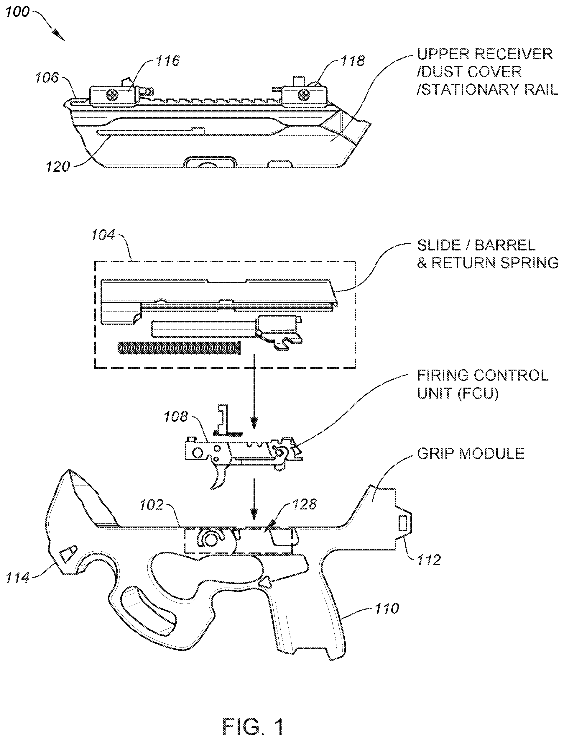 Patent US11815322 Figure 1 – Method and apparatus for providing a module for firearm modification via an existing firing control unit