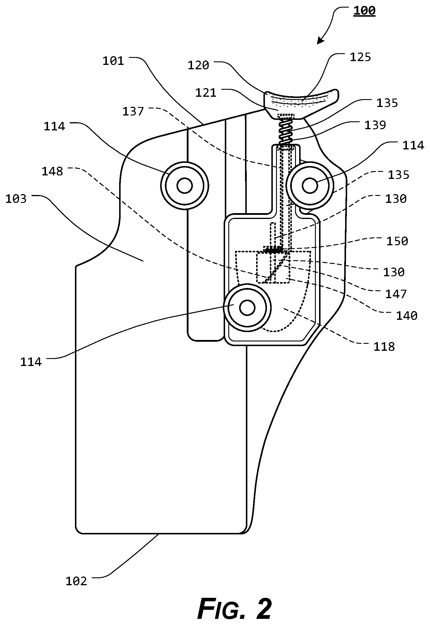Patent US11815329 Figure 2 – Holster with pushrod ejection port locking element
