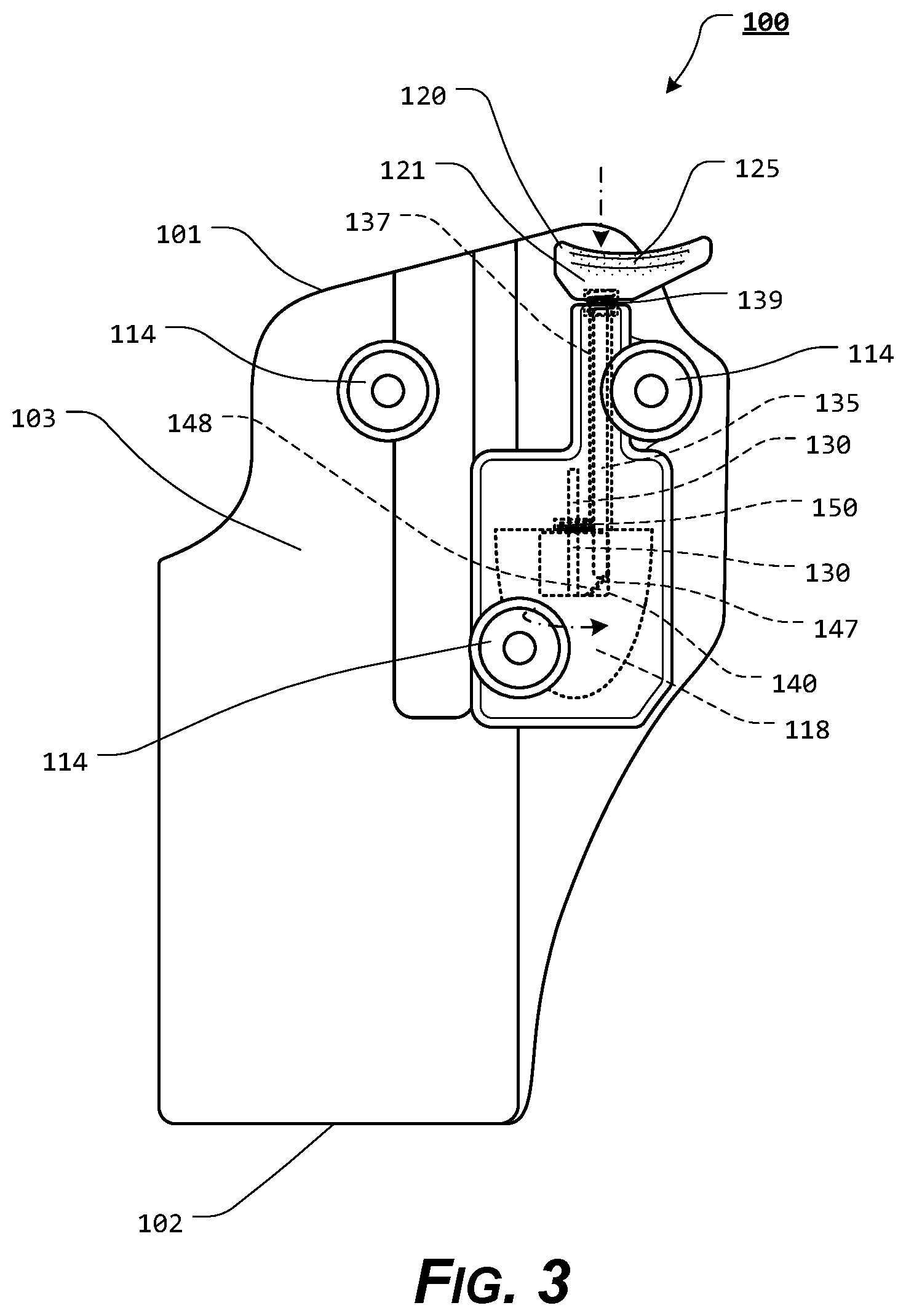 Patent US11815329 Figure 3 – Holster with pushrod ejection port locking element