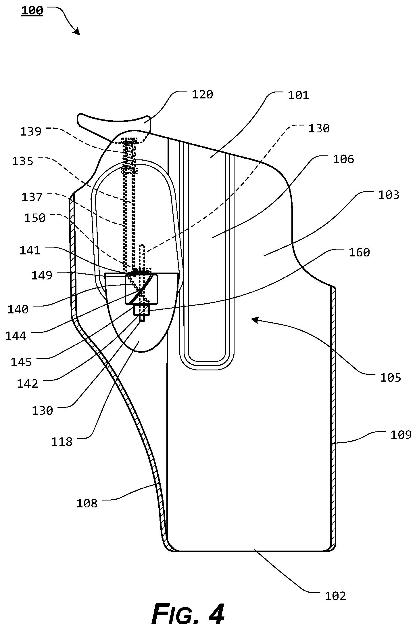 Patent US11815329 Figure 4 – Holster with pushrod ejection port locking element