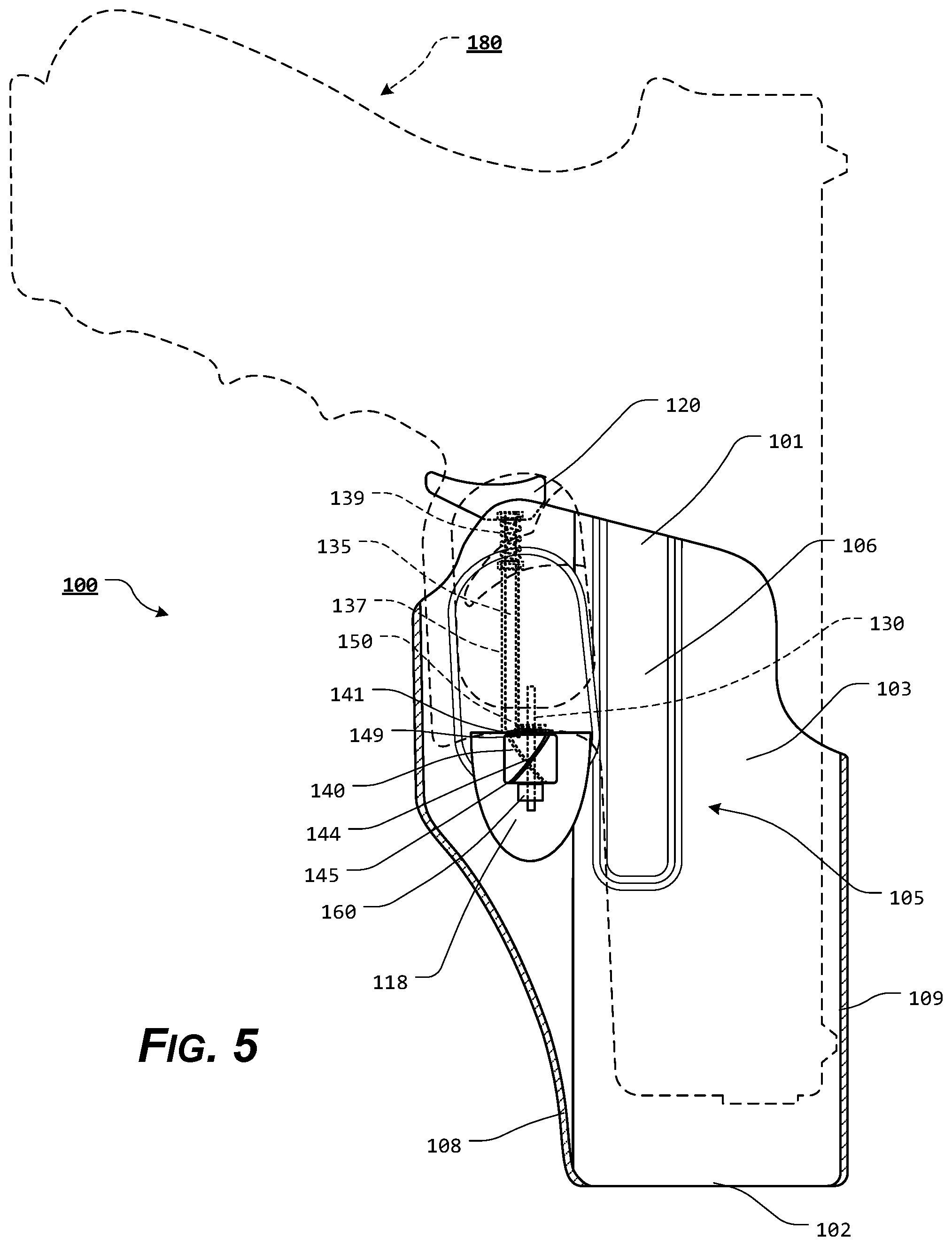Patent US11815329 Figure 5 – Holster with pushrod ejection port locking element