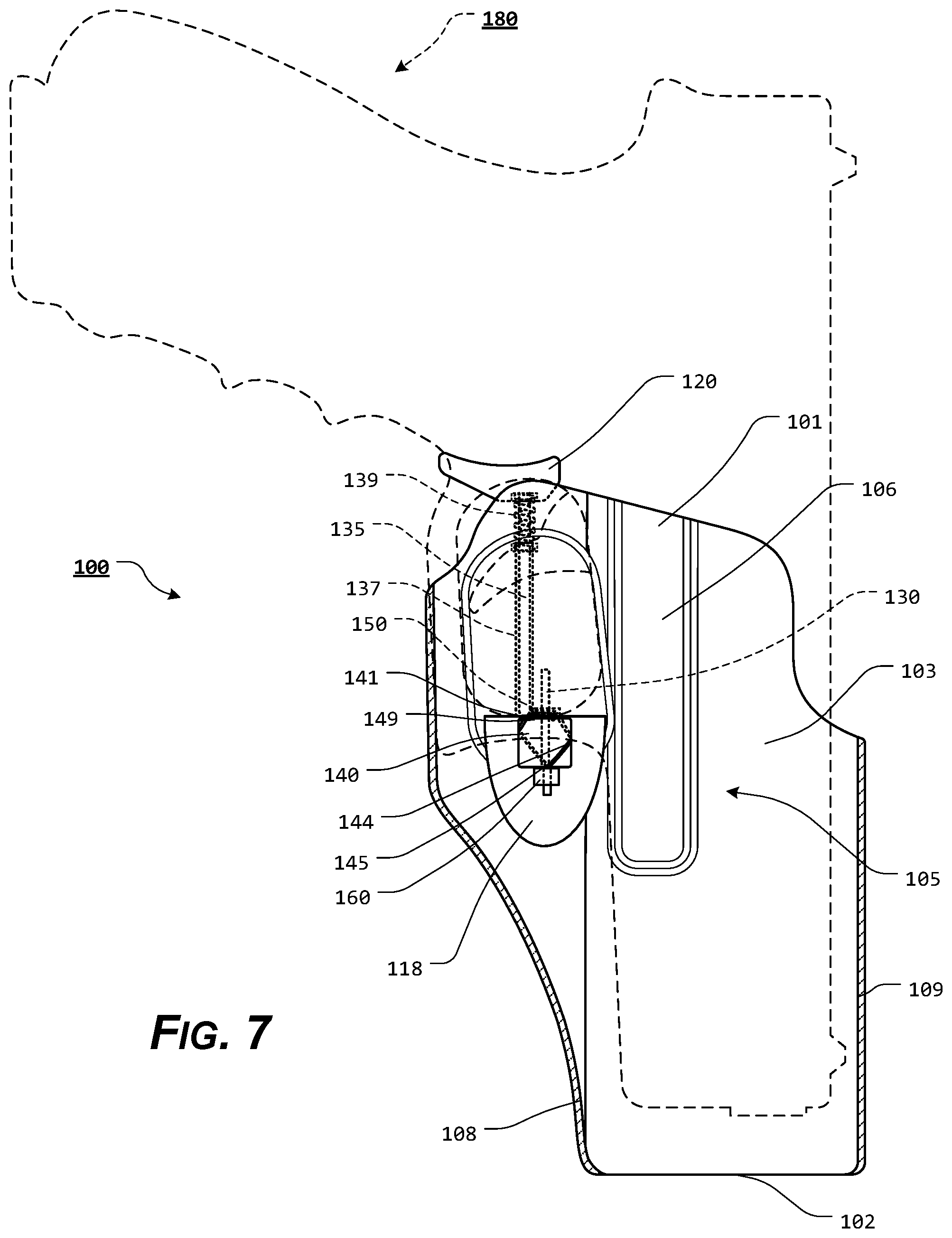 Patent US11815329 Figure 7 – Holster with pushrod ejection port locking element