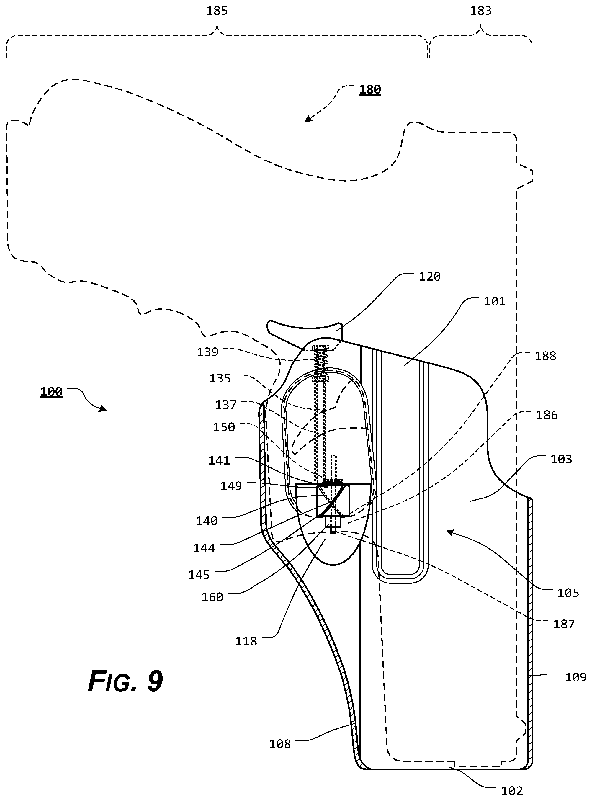 Patent US11815329 Figure 9 – Holster with pushrod ejection port locking element
