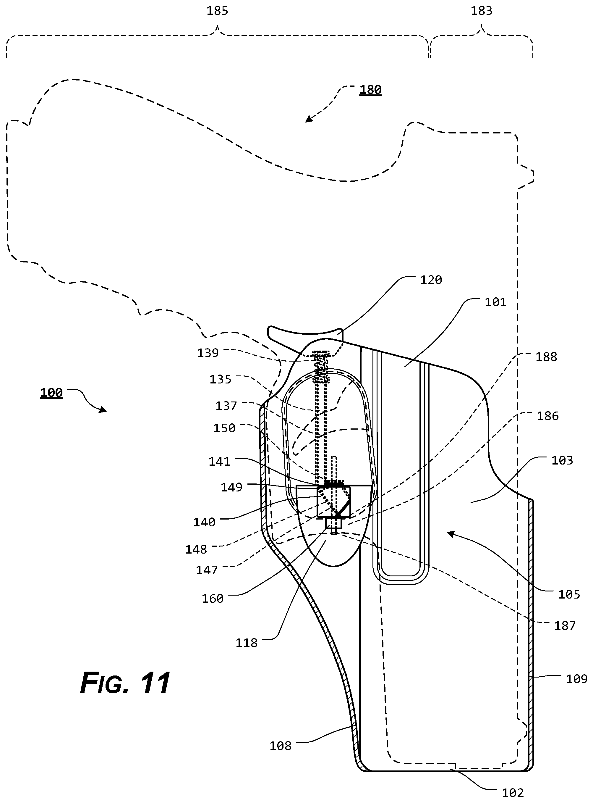 Patent US11815329 Figure 11 – Holster with pushrod ejection port locking element