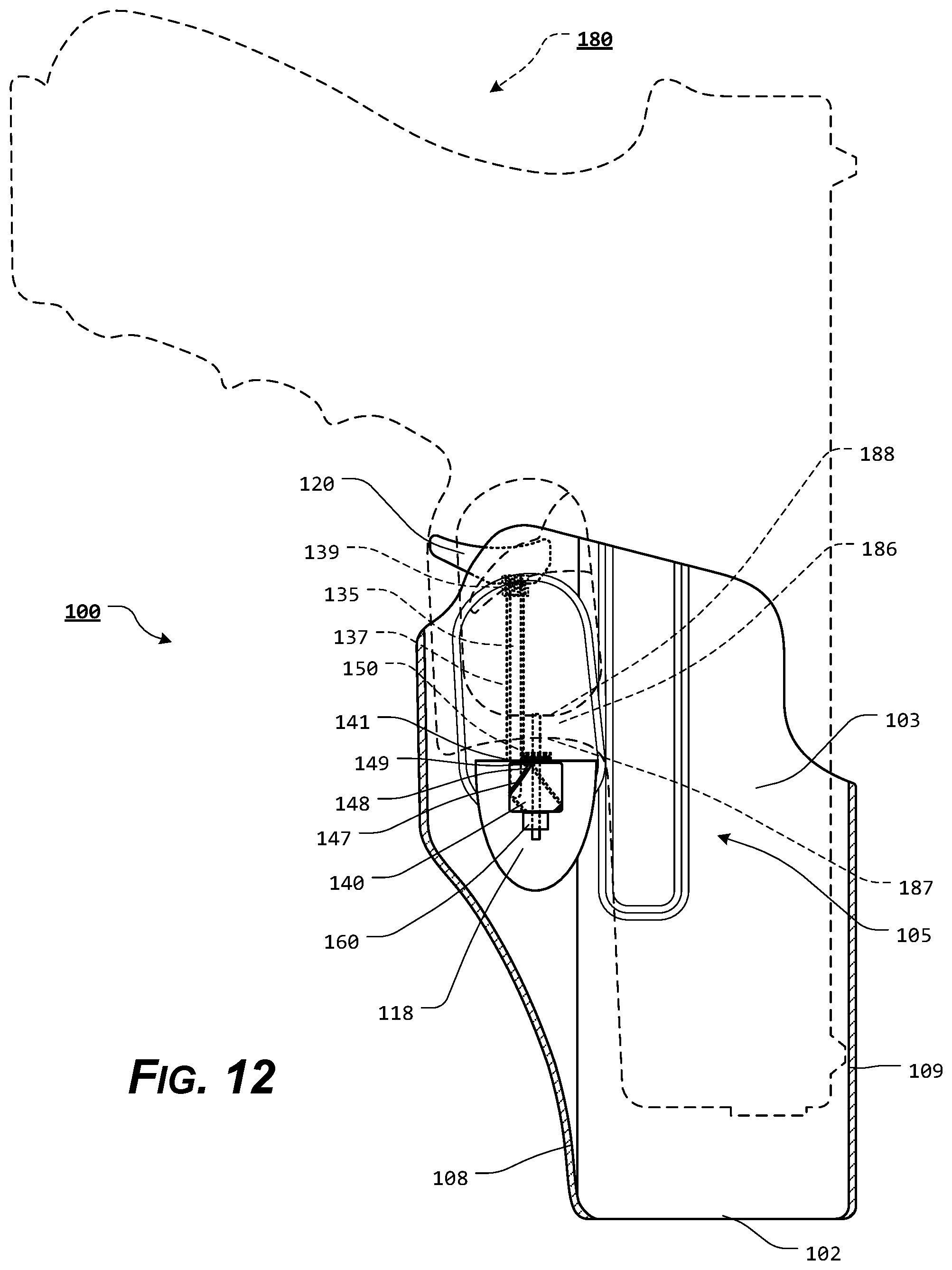 Patent US11815329 Figure 12 – Holster with pushrod ejection port locking element