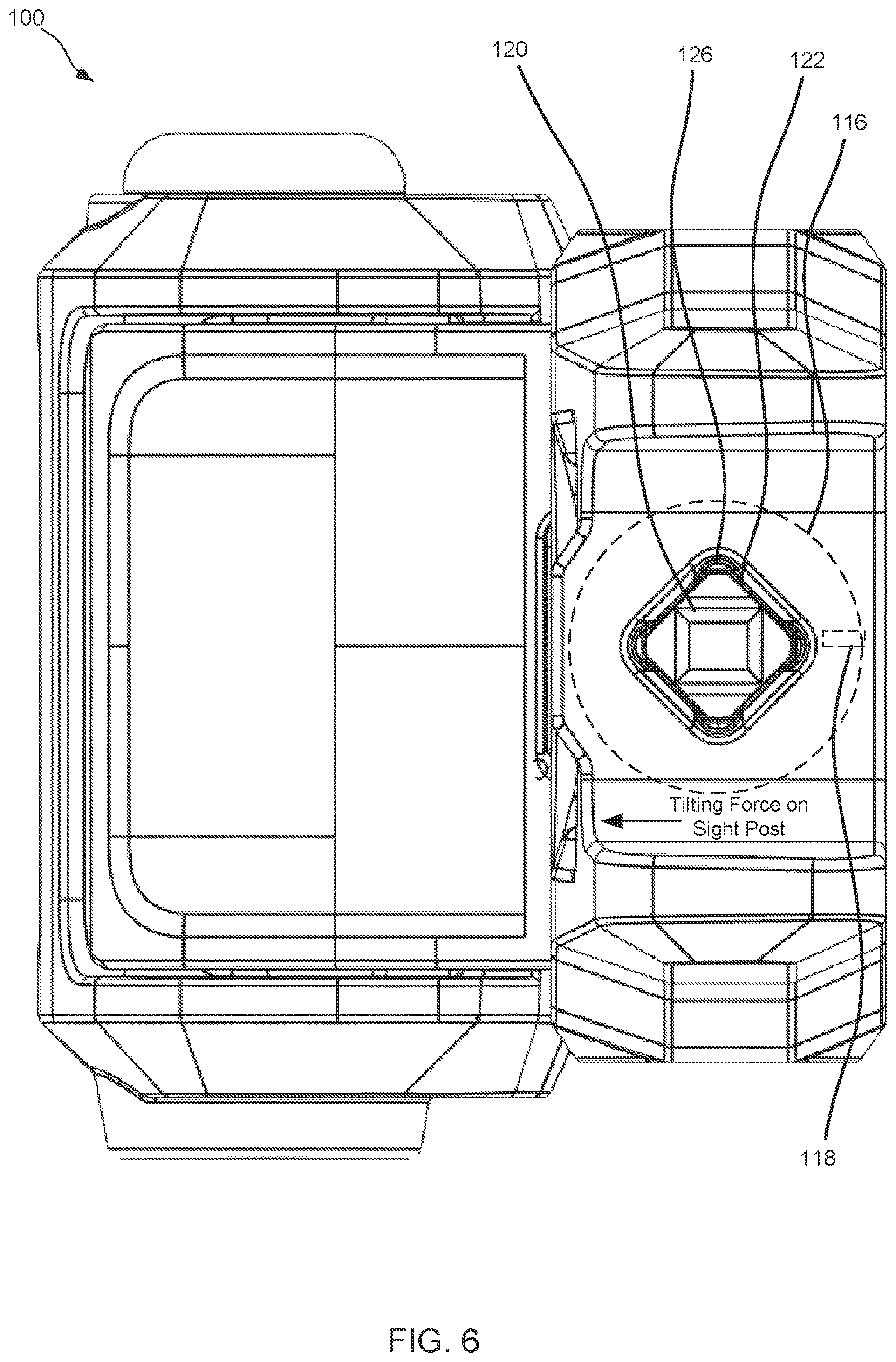 Patent US11815331 Figure 6 – Back-up sights with compact aperture, centering sight post, and miniaturized windage detent mechanism