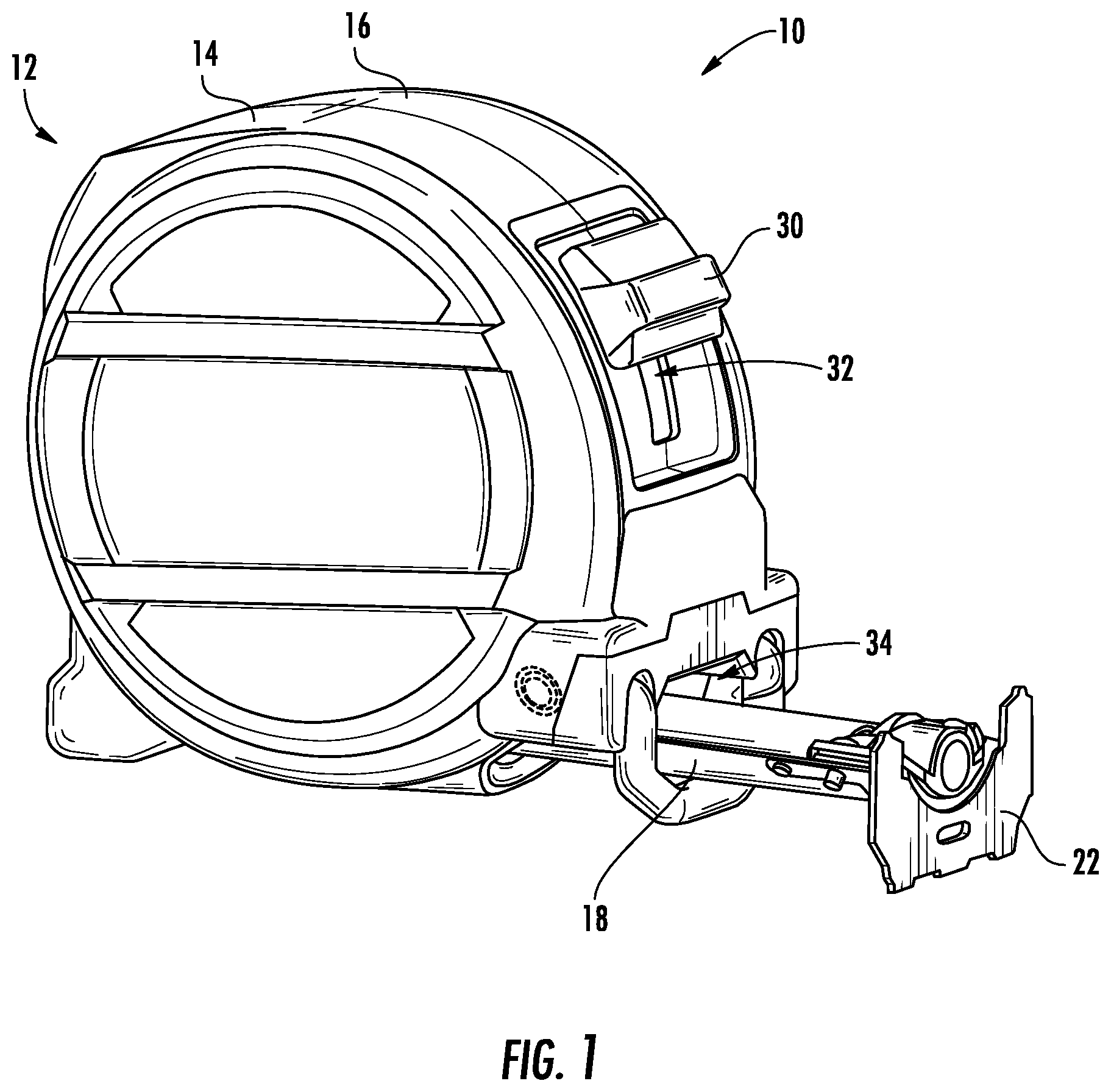 Patent US11815350 Figure 1 – Tape measure with retraction spring adjacent to tape reel
