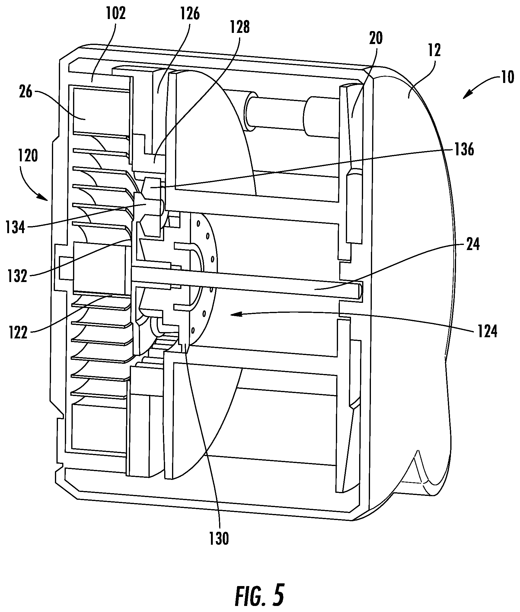 Patent US11815350 Figure 5 – Tape measure with retraction spring adjacent to tape reel