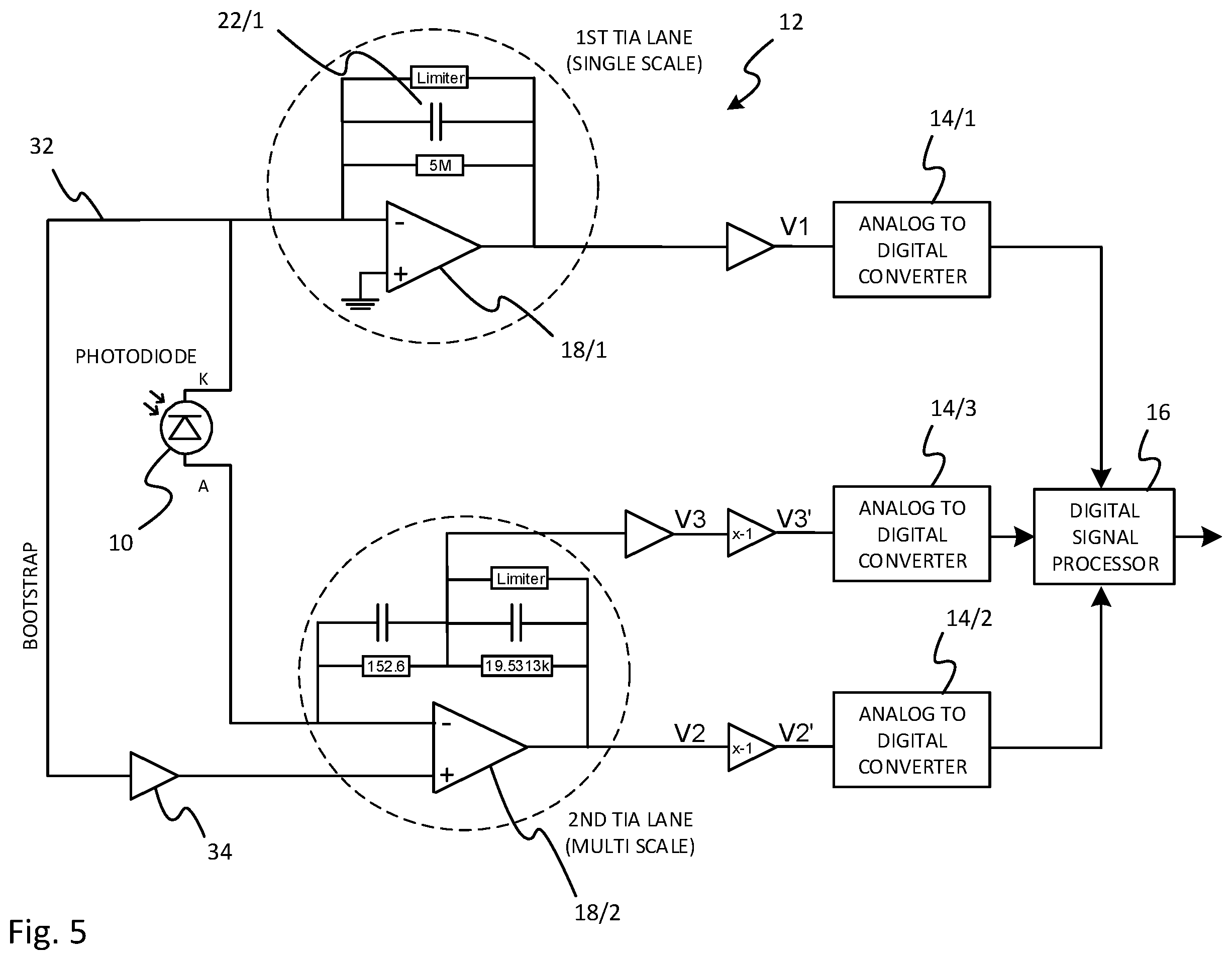 Patent US11815395 Figure 6 – High-dynamic optical power meter comprising plural transimpedance operational amplifiers, a bootstrap circuit to suppress a voltage across a photodiode detector and a compensation circuit