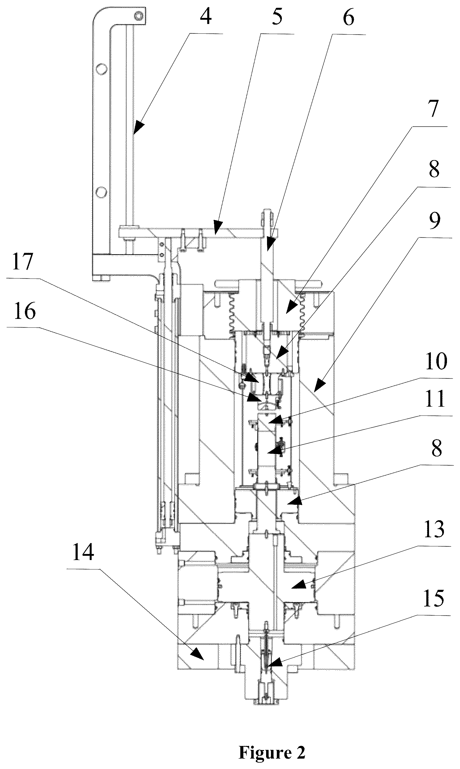 Patent US11815496 Figure 2 – Rock mechanics triaxial testing machine has shaft pressure driving piece and lifting mechanism driving inner pressure chamber to lift