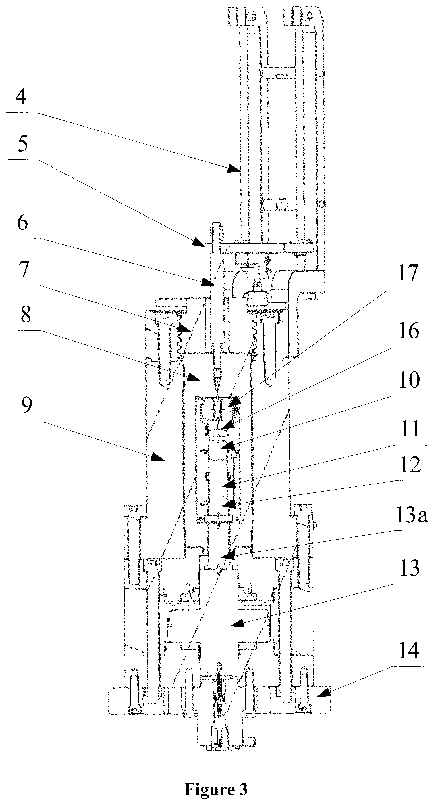 Patent US11815496 Figure 3 – Rock mechanics triaxial testing machine has shaft pressure driving piece and lifting mechanism driving inner pressure chamber to lift
