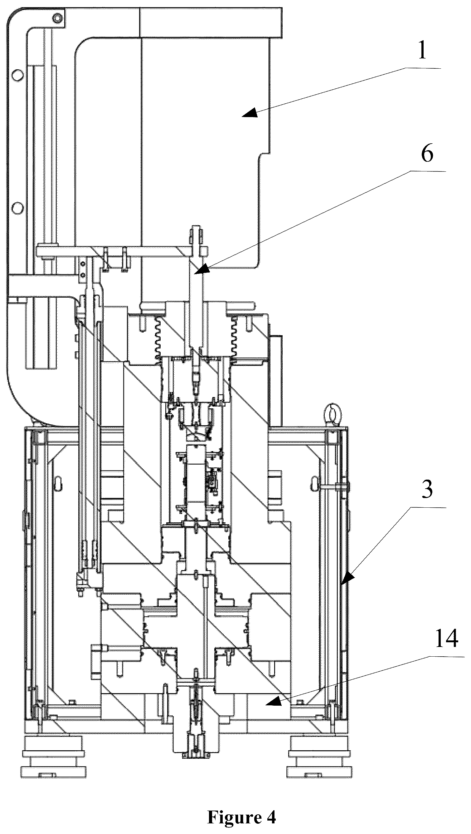 Patent US11815496 Figure 4 – Rock mechanics triaxial testing machine has shaft pressure driving piece and lifting mechanism driving inner pressure chamber to lift