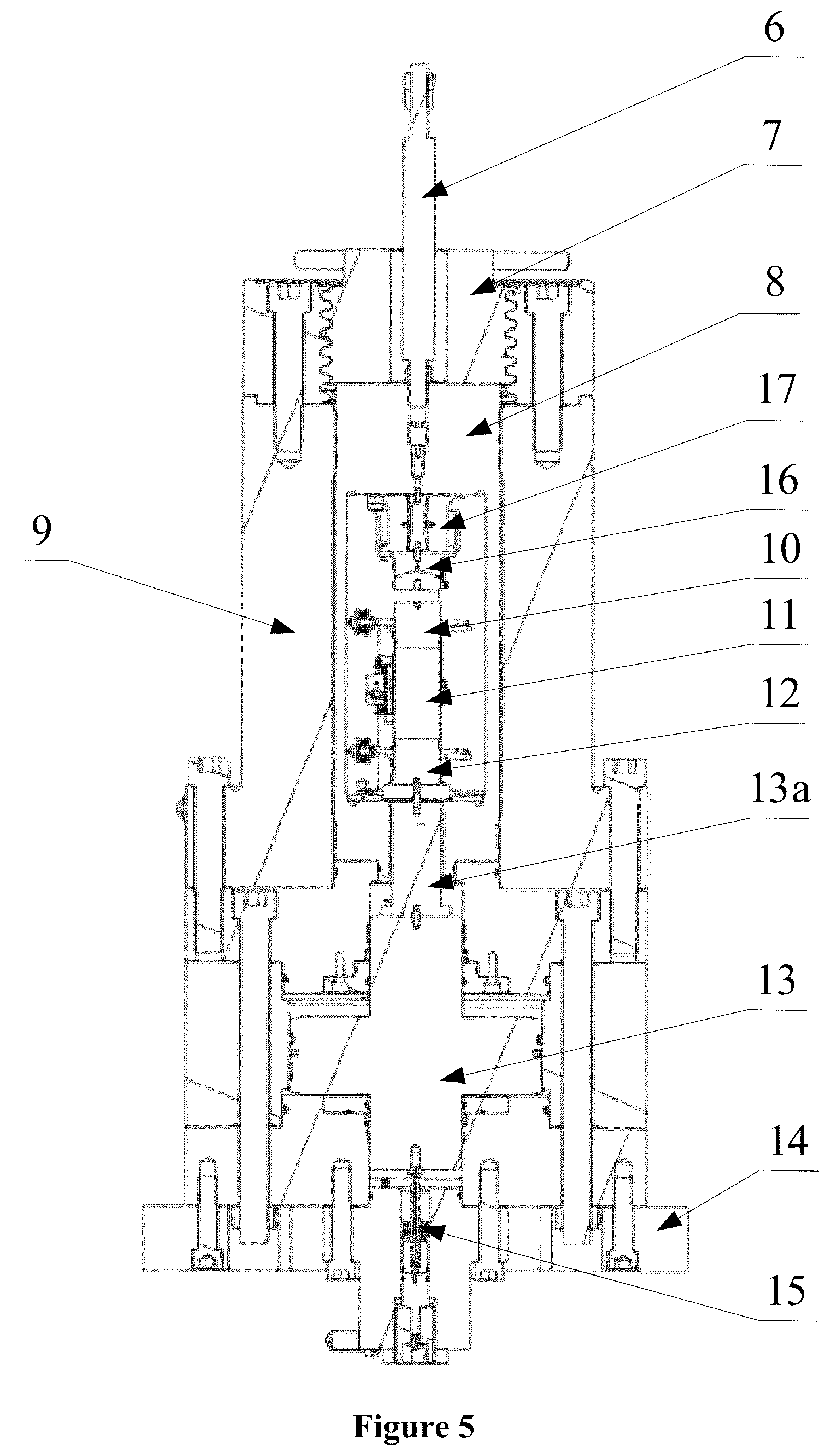 Patent US11815496 Figure 5 – Rock mechanics triaxial testing machine has shaft pressure driving piece and lifting mechanism driving inner pressure chamber to lift