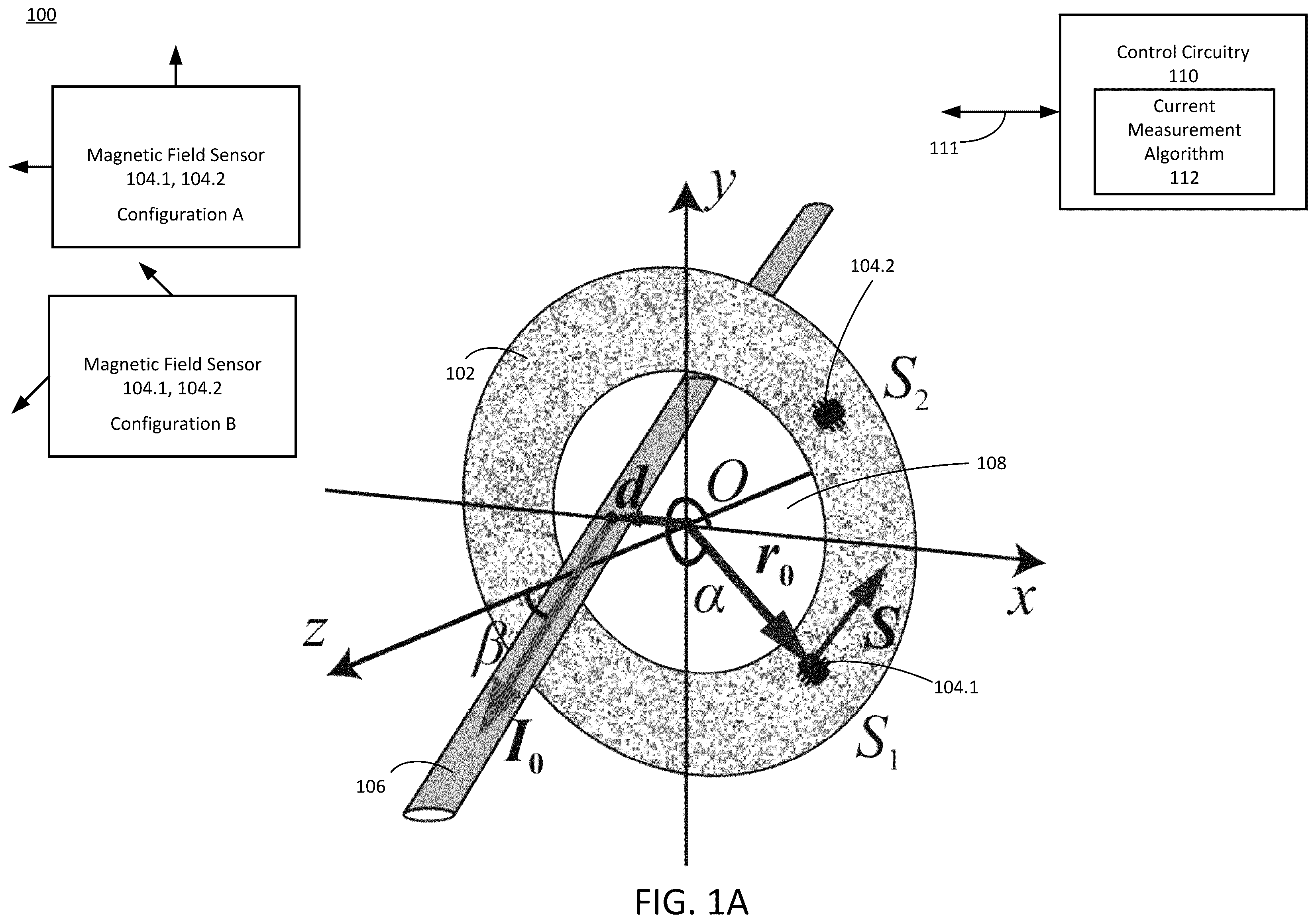 Patent US11815532 Figure 1 – Coreless auto-calibrating current sensor for measuring current in an adjacent wire