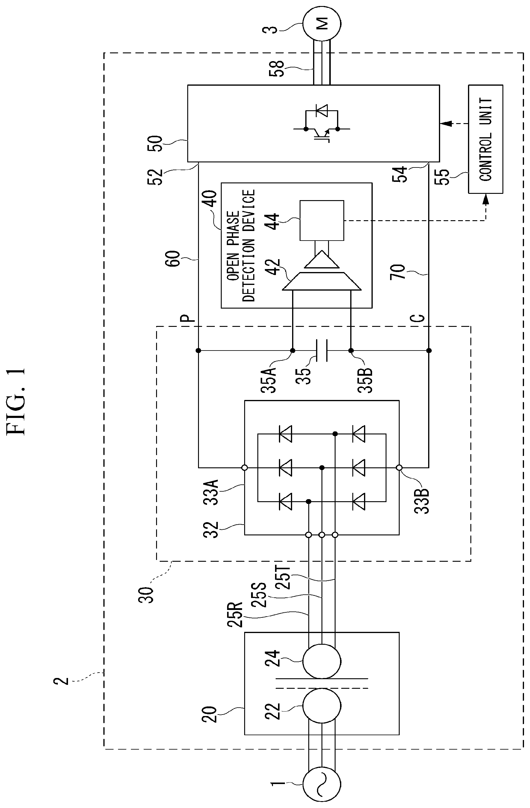 Patent US11815561 Figure 1 – AC-AC converter with open phase detection based on second harmonic