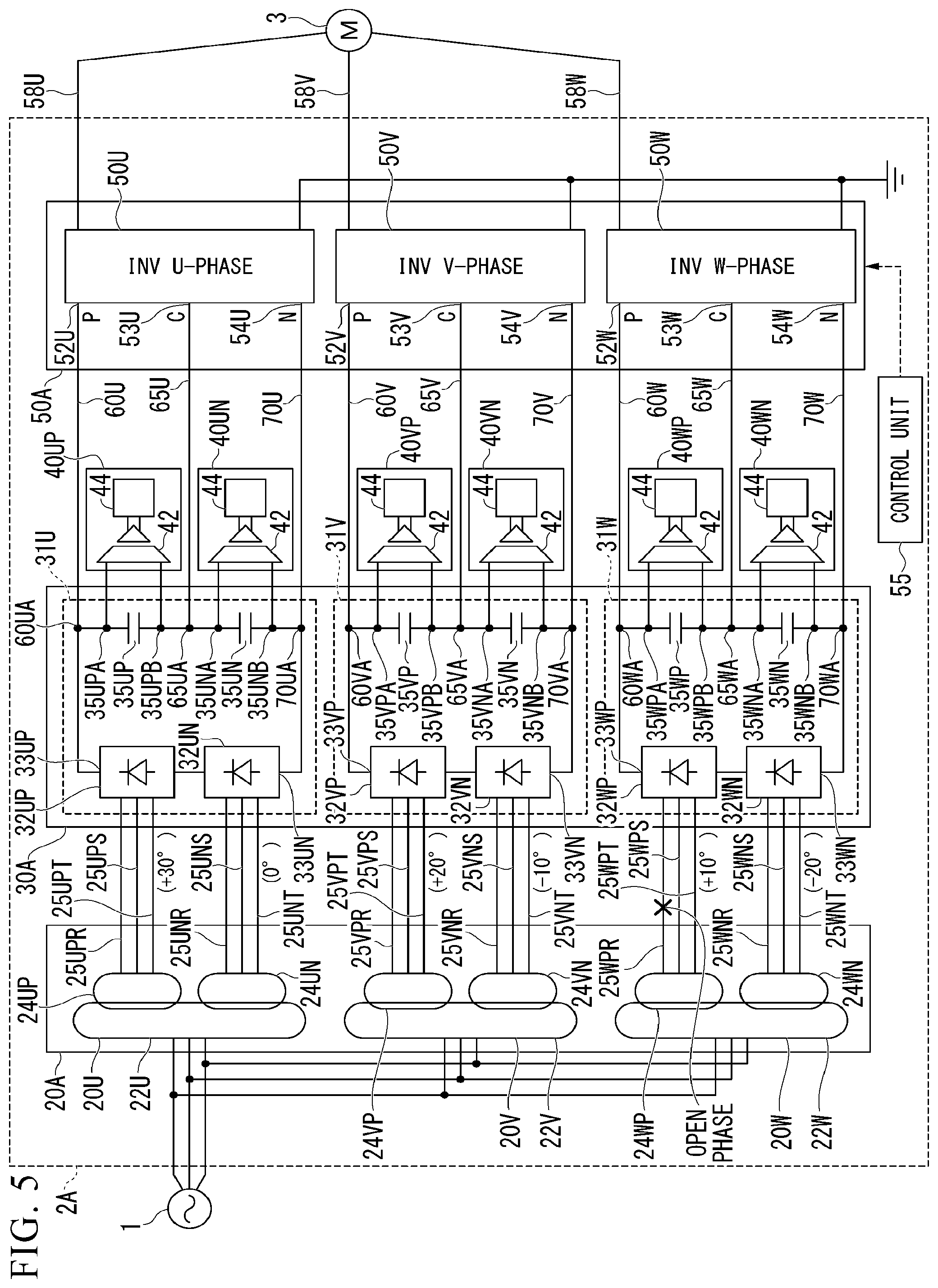 Patent US11815561 Figure 5 – AC-AC converter with open phase detection based on second harmonic