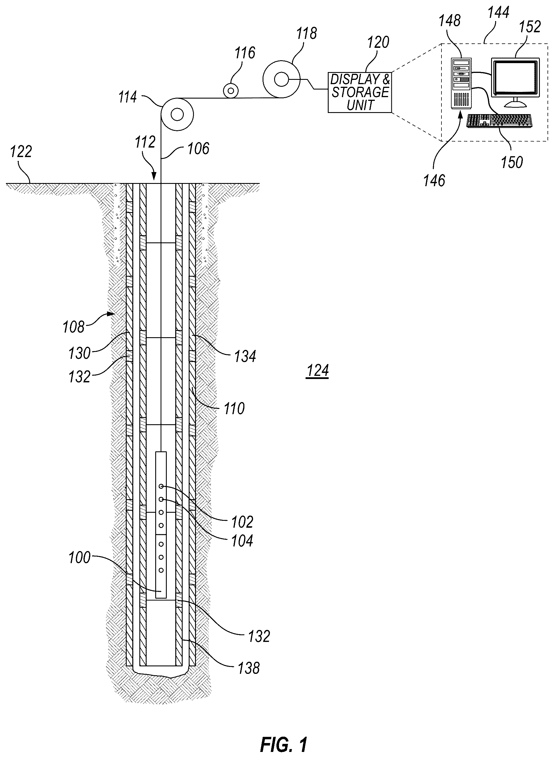Patent US11815643 Figure 1 – Selection and removal of acoustic baseline signal for enhanced cement bond evaluation