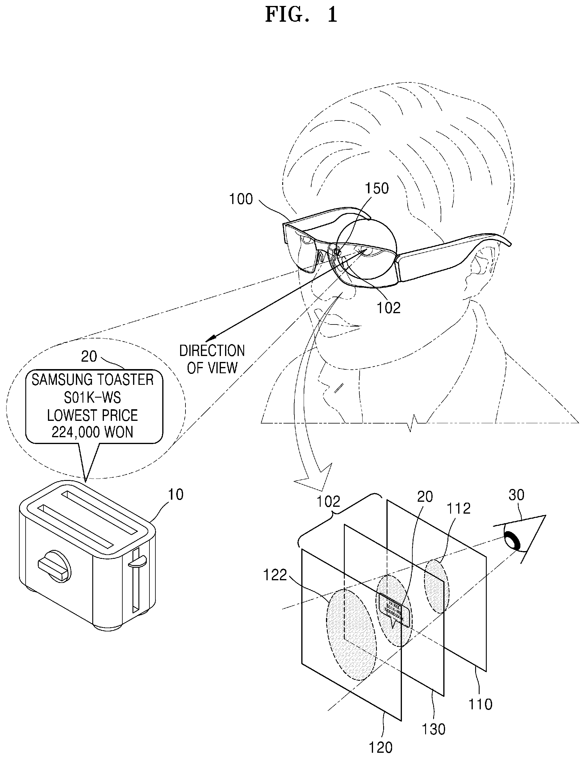 Patent US11815655 Figure 1 – Augmented reality device for adjusting focus region according to direction of user's view and operating method of the same
