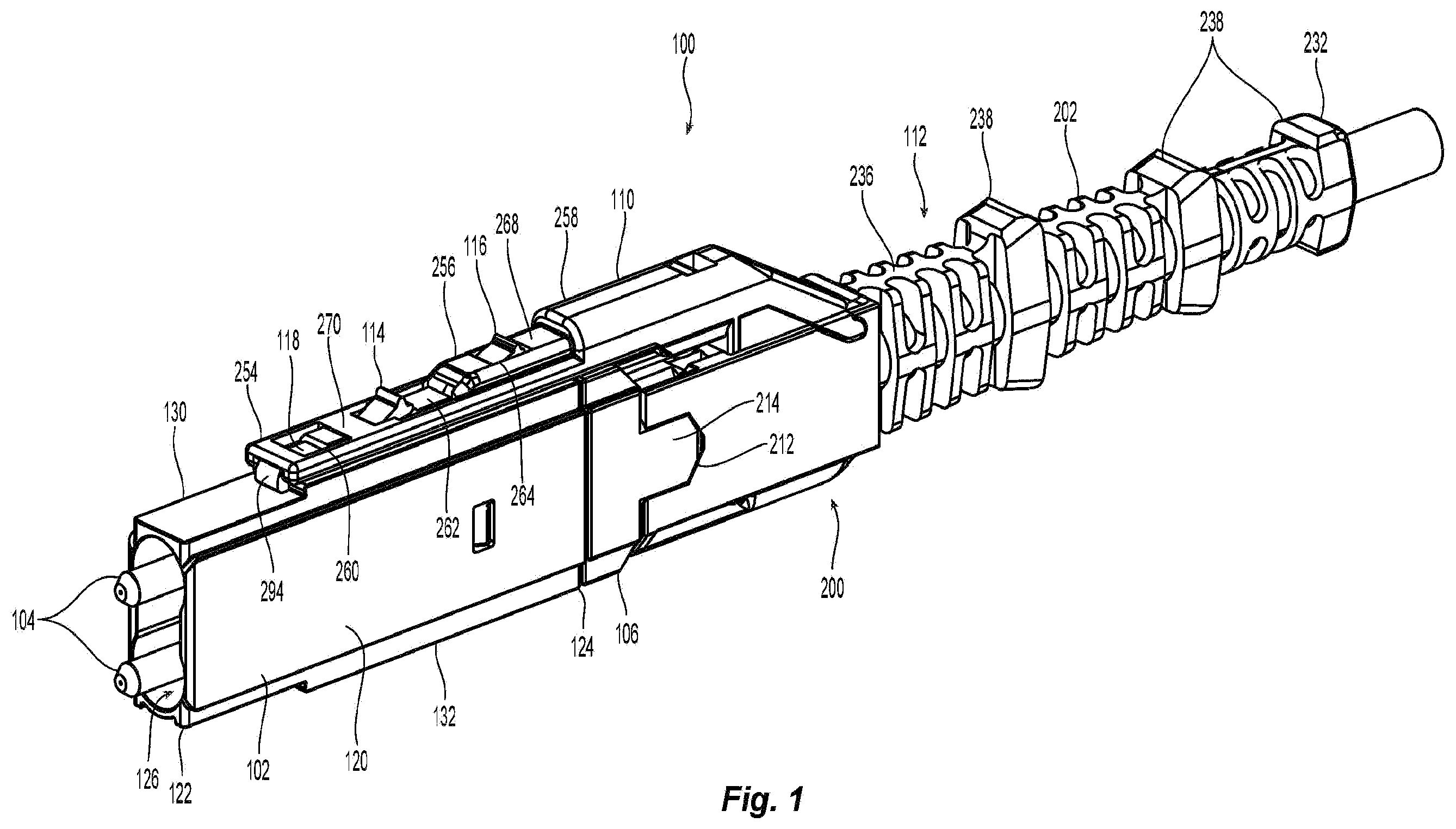 Patent US11815724 Figure 1 – Flexible push-pull boot and crimp body for fiber optic connector