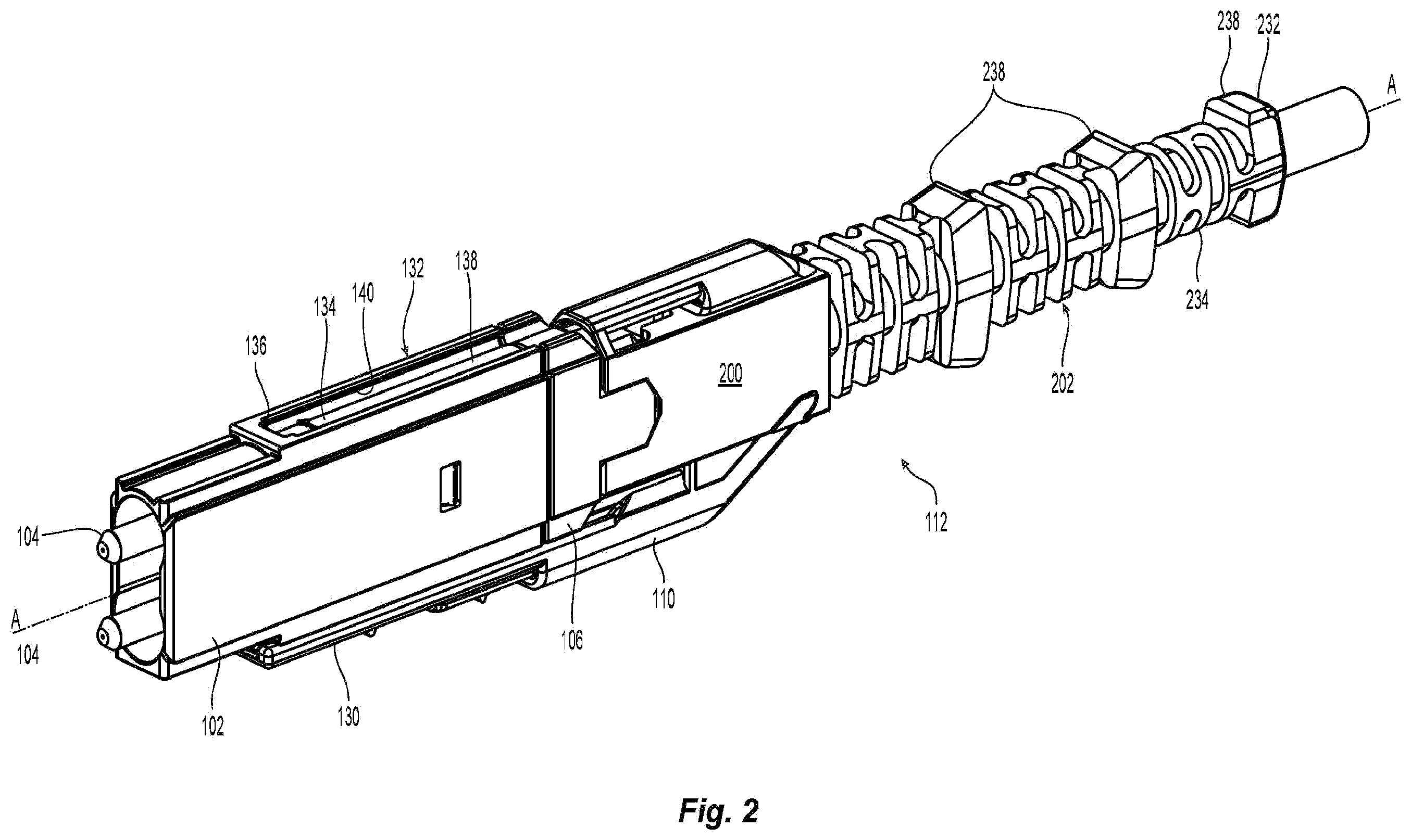 Patent US11815724 Figure 2 – Flexible push-pull boot and crimp body for fiber optic connector