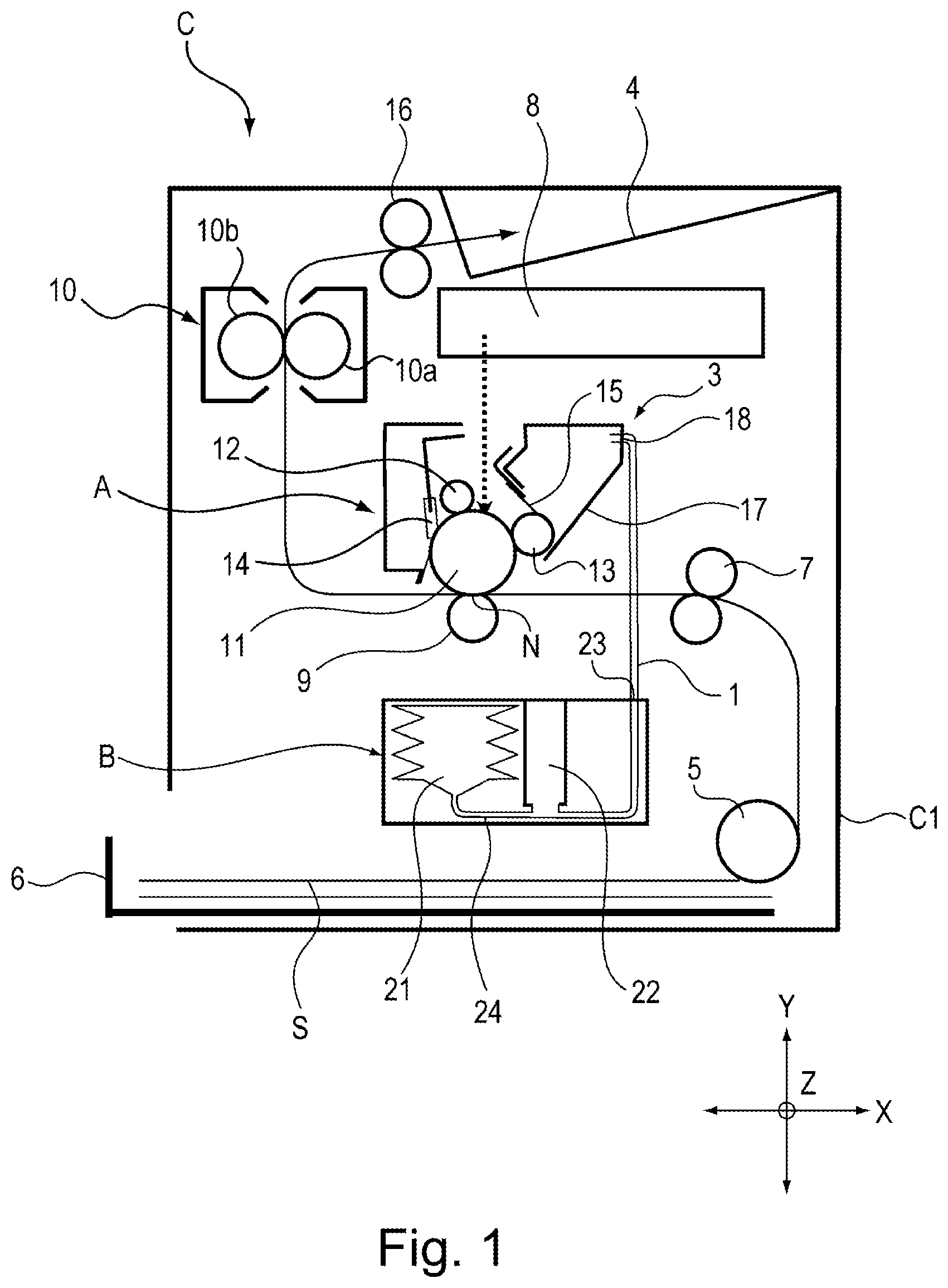 Patent US11815830 Figure 1 – Toner cartridge having a variable volume pump and a feeding path from the pump portion to a discharge opening