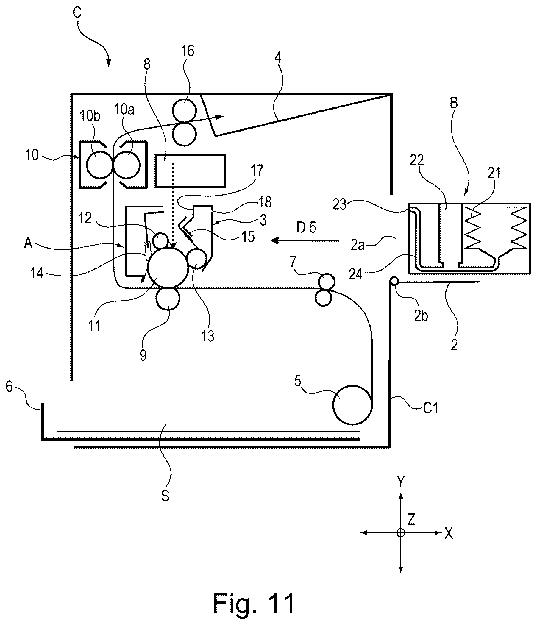 Patent US11815830 Figure 11 – Toner cartridge having a variable volume pump and a feeding path from the pump portion to a discharge opening