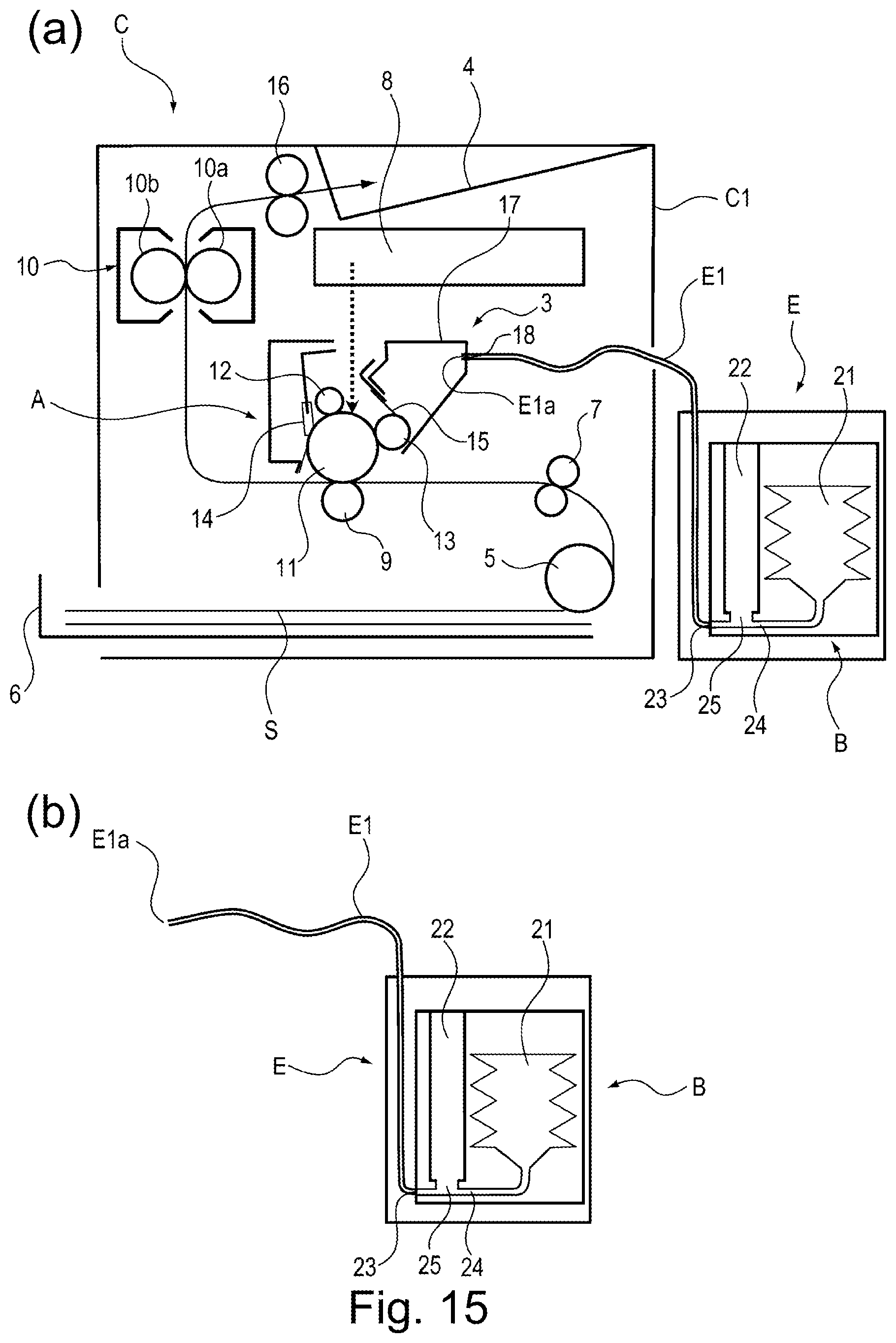 Patent US11815830 Figure 15 – Toner cartridge having a variable volume pump and a feeding path from the pump portion to a discharge opening