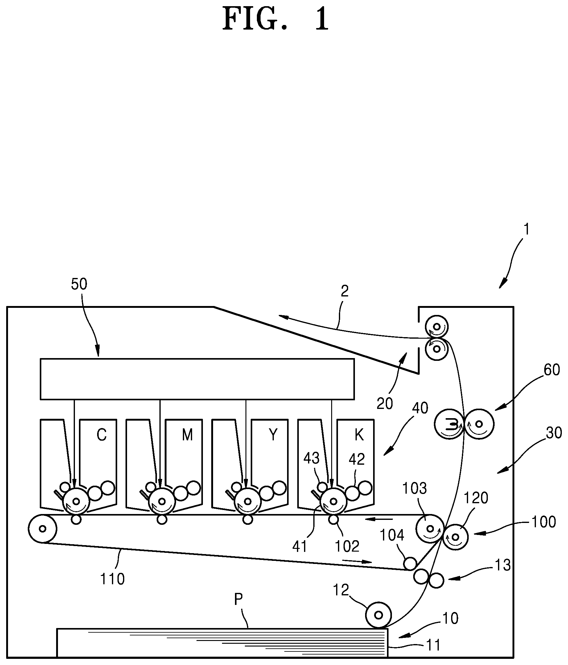 Patent US11815838 Figure 1 – Structure for adjusting paper path gap using the roller moving according to the thickness of the paper
