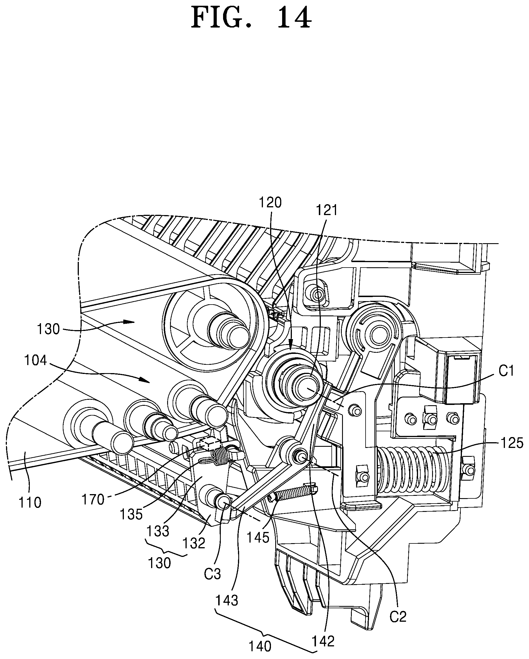 Patent US11815838 Figure 18 – Structure for adjusting paper path gap using the roller moving according to the thickness of the paper