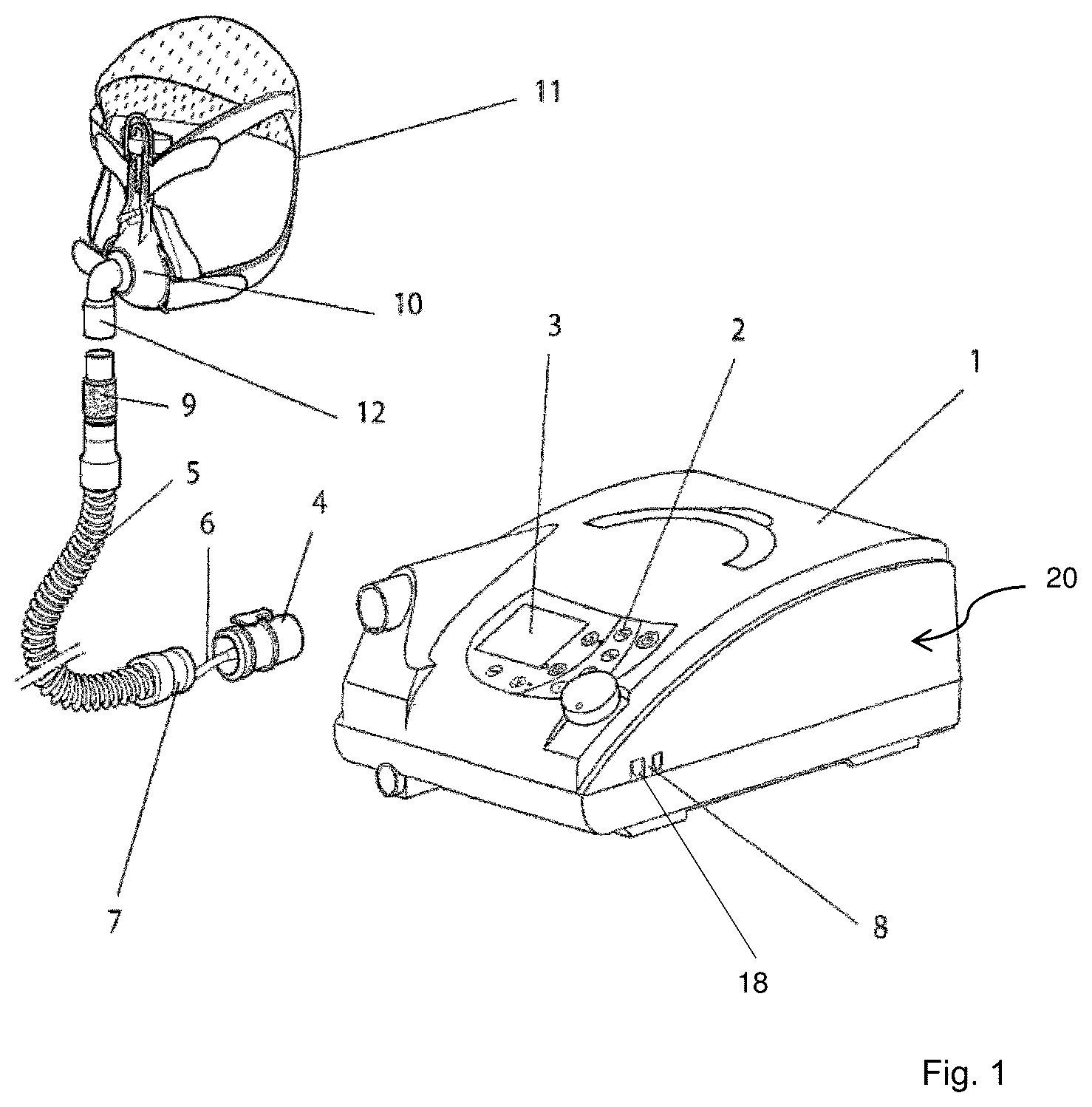 Patent US11815866 Figure 1 – Ventilator comprising a device for contactless detection of operations carried out by a user