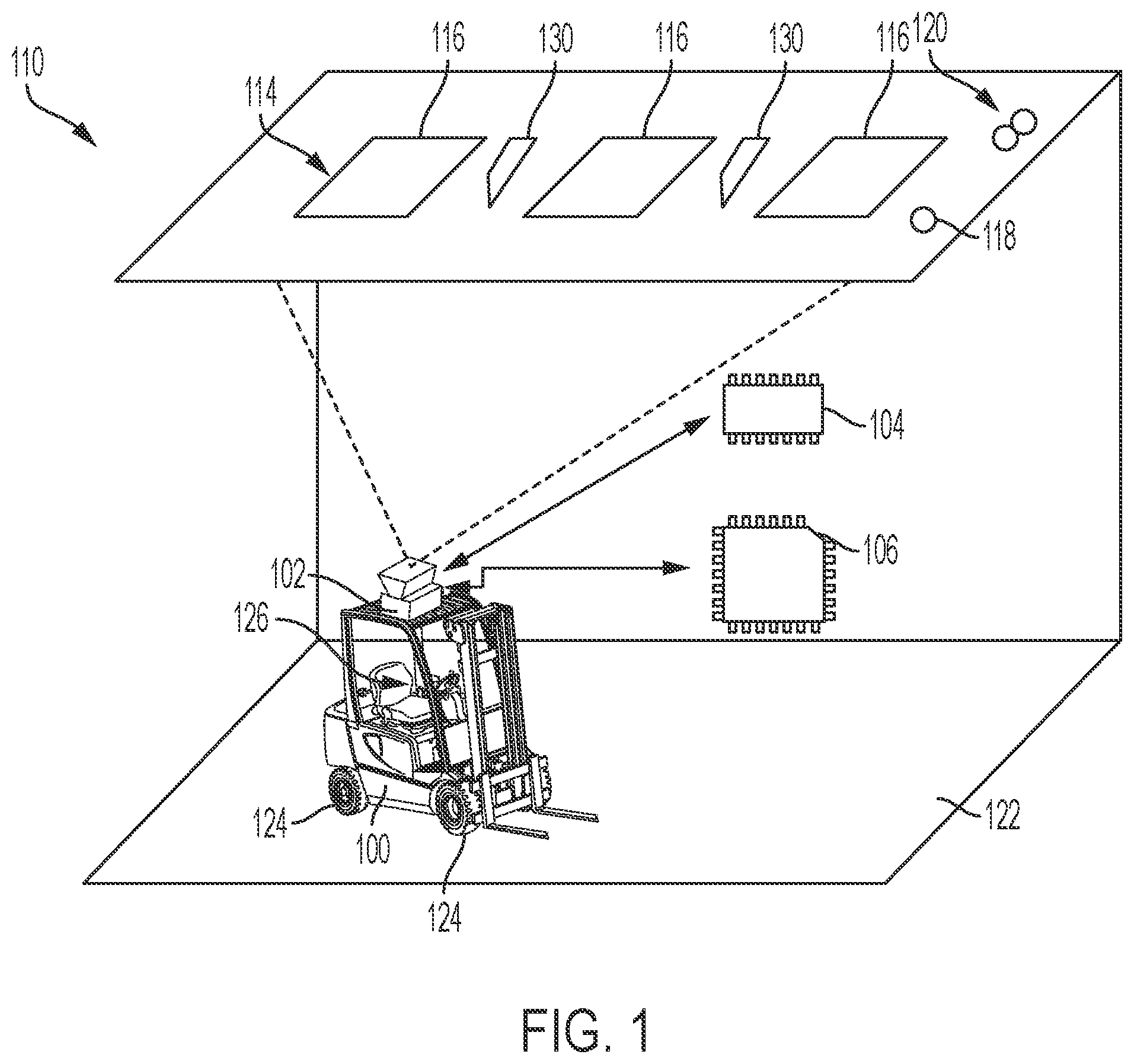 Patent US11815905 Figure 1 – Systems and methods for optical target based indoor vehicle navigation