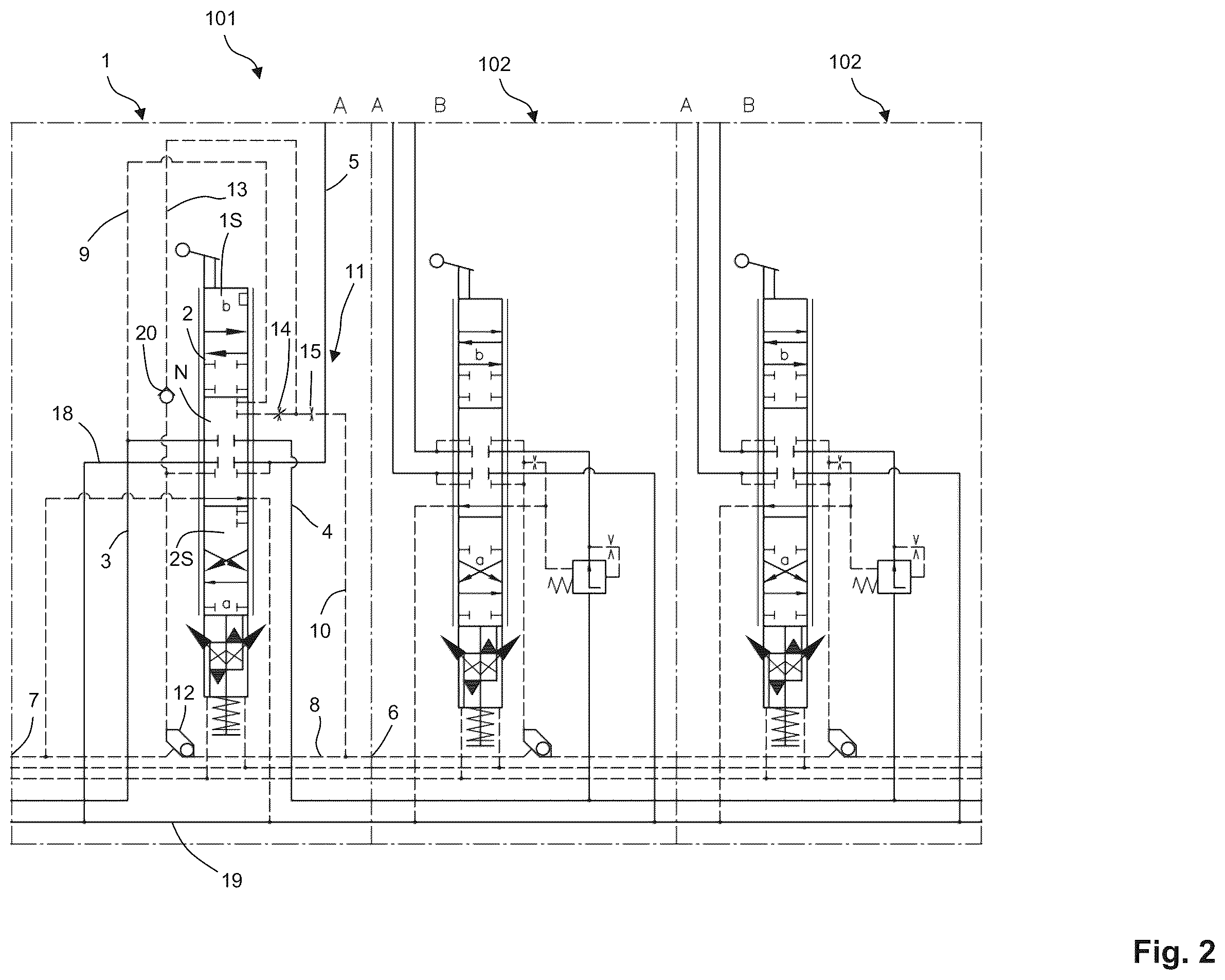Patent US11815918 Figure 2 – Preselection valve, hydraulic valve assembly and hydraulic control device