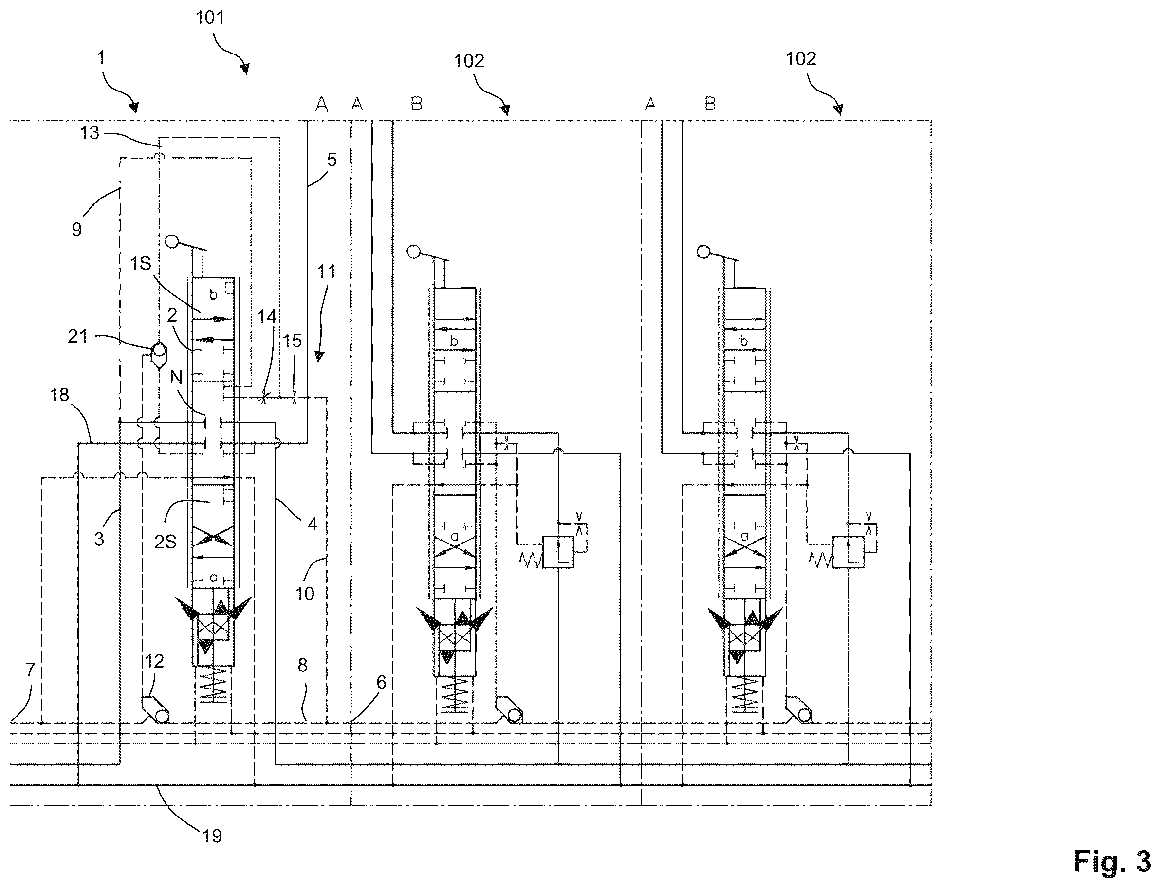 Patent US11815918 Figure 3 – Preselection valve, hydraulic valve assembly and hydraulic control device