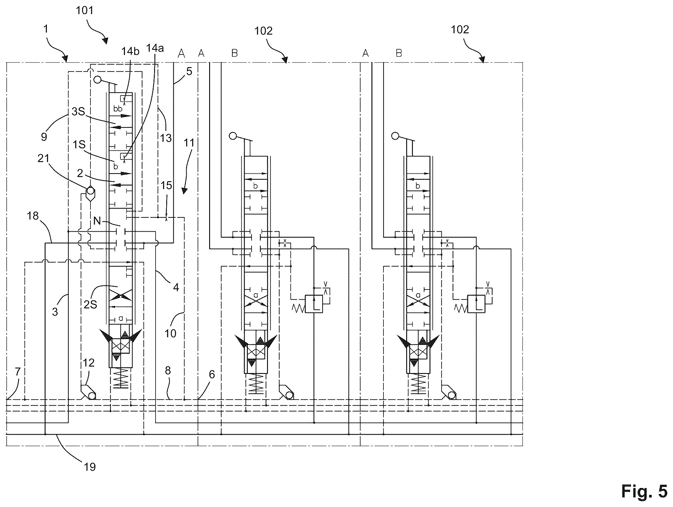 Patent US11815918 Figure 5 – Preselection valve, hydraulic valve assembly and hydraulic control device
