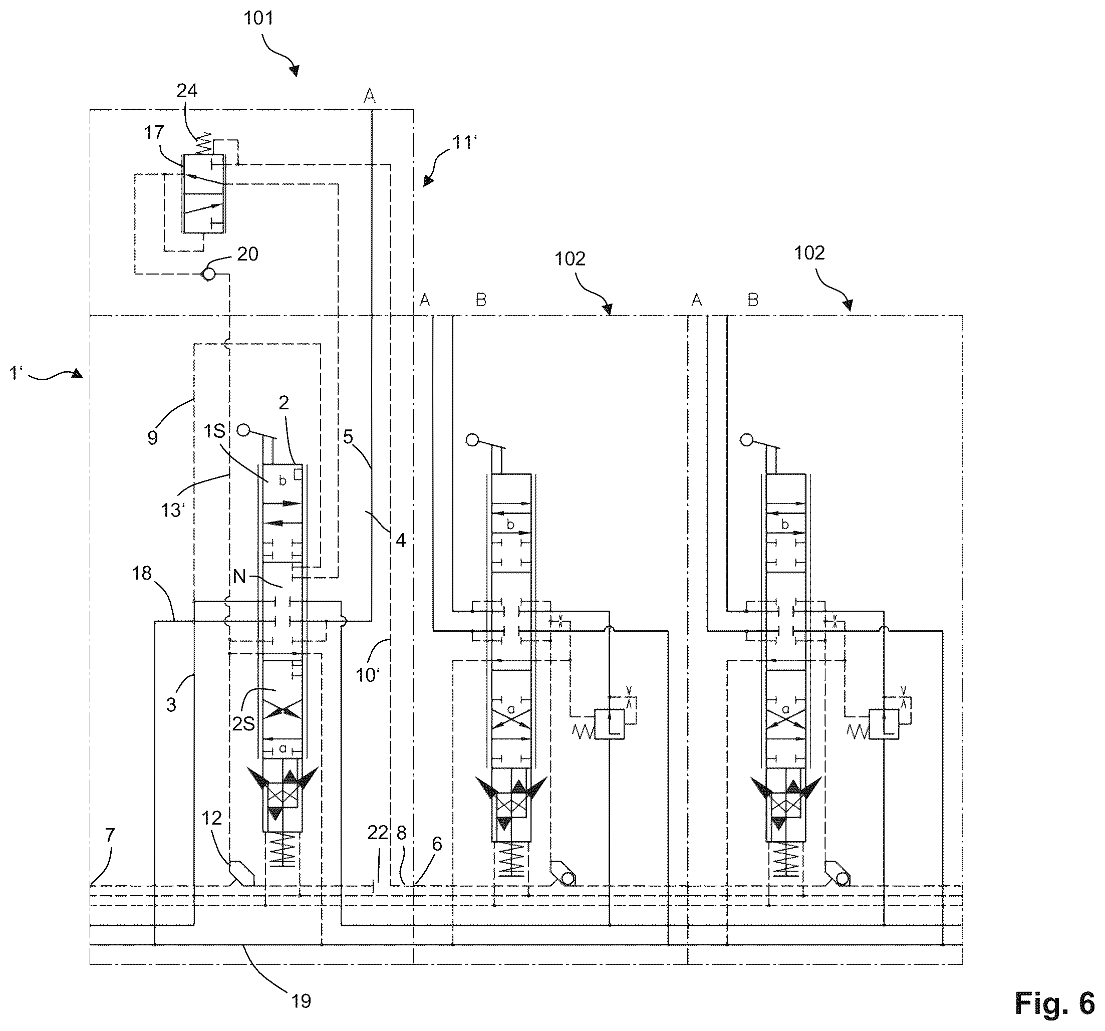 Patent US11815918 Figure 6 – Preselection valve, hydraulic valve assembly and hydraulic control device