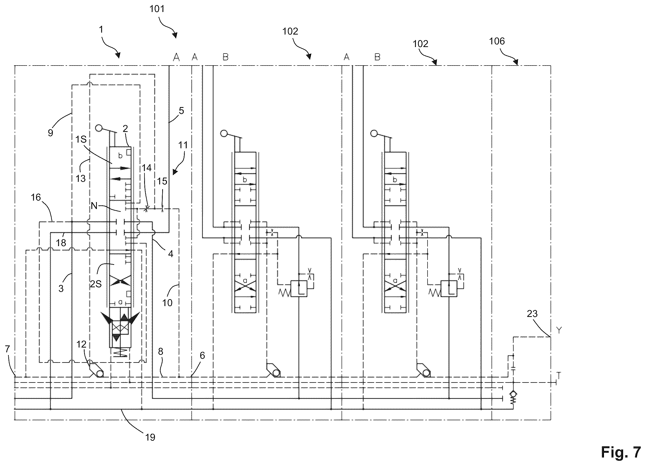 Patent US11815918 Figure 7 – Preselection valve, hydraulic valve assembly and hydraulic control device