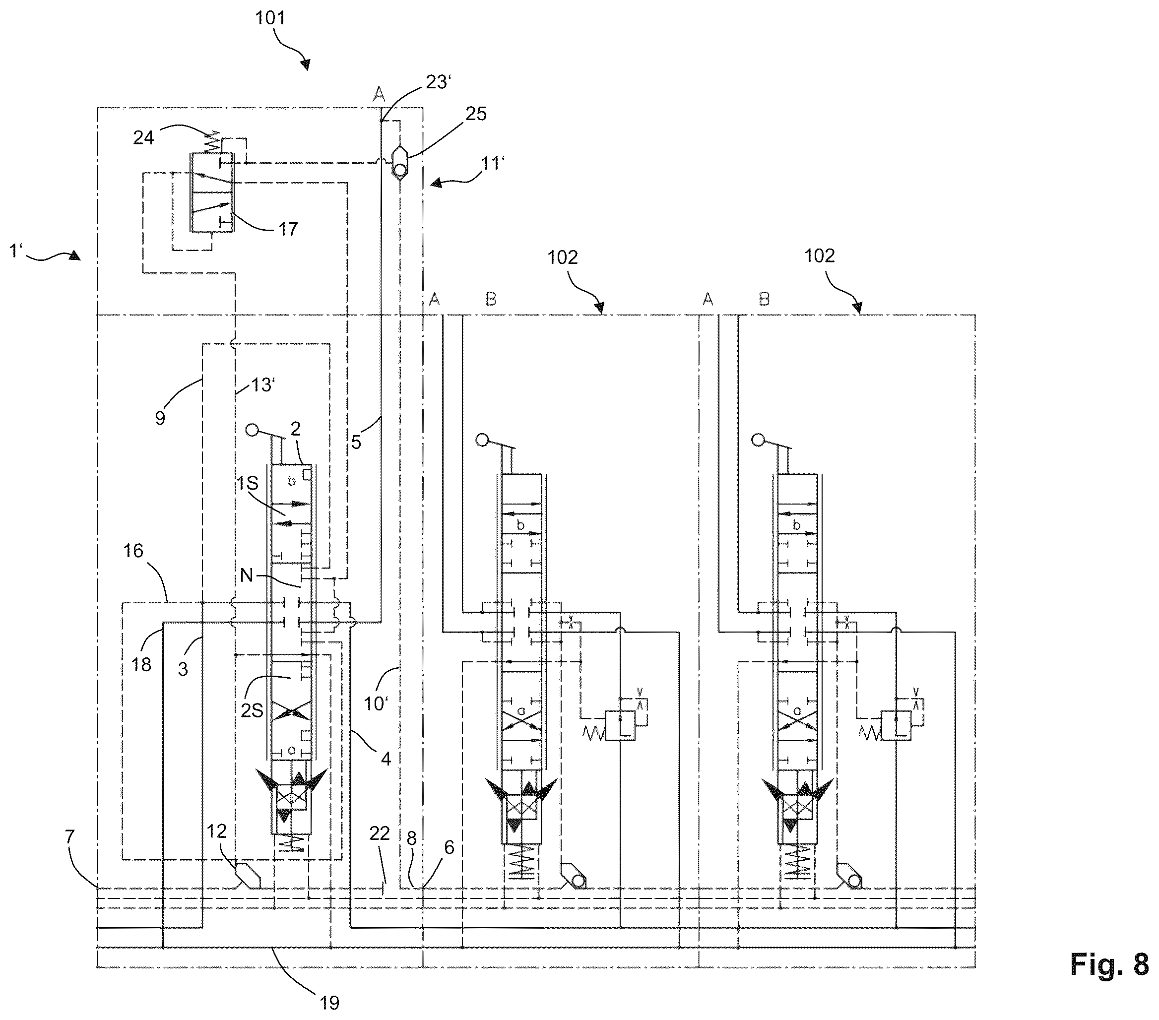 Patent US11815918 Figure 8 – Preselection valve, hydraulic valve assembly and hydraulic control device