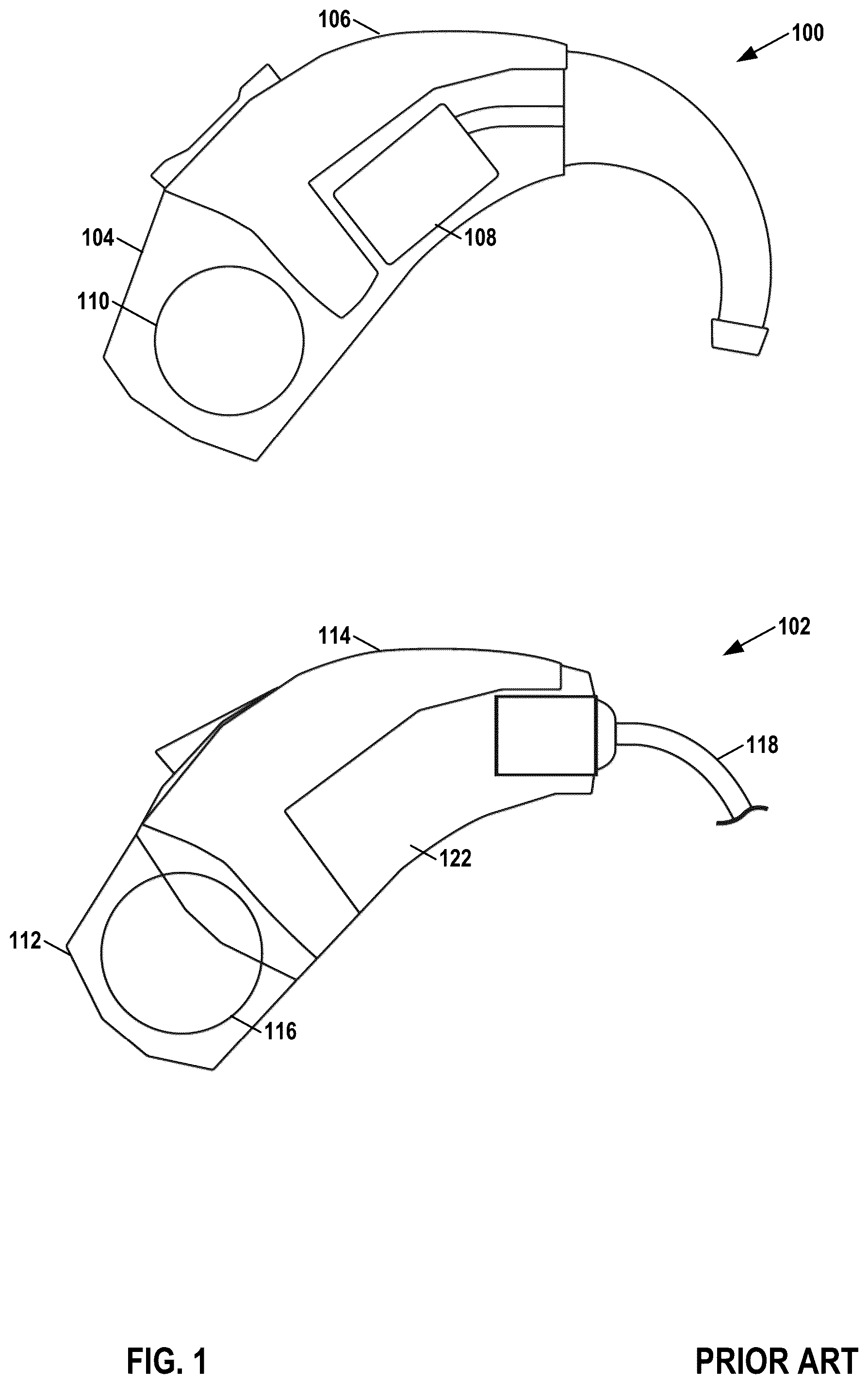 Patent US11818550 Figure 1 – Hearing instruments with receiver posterior to battery