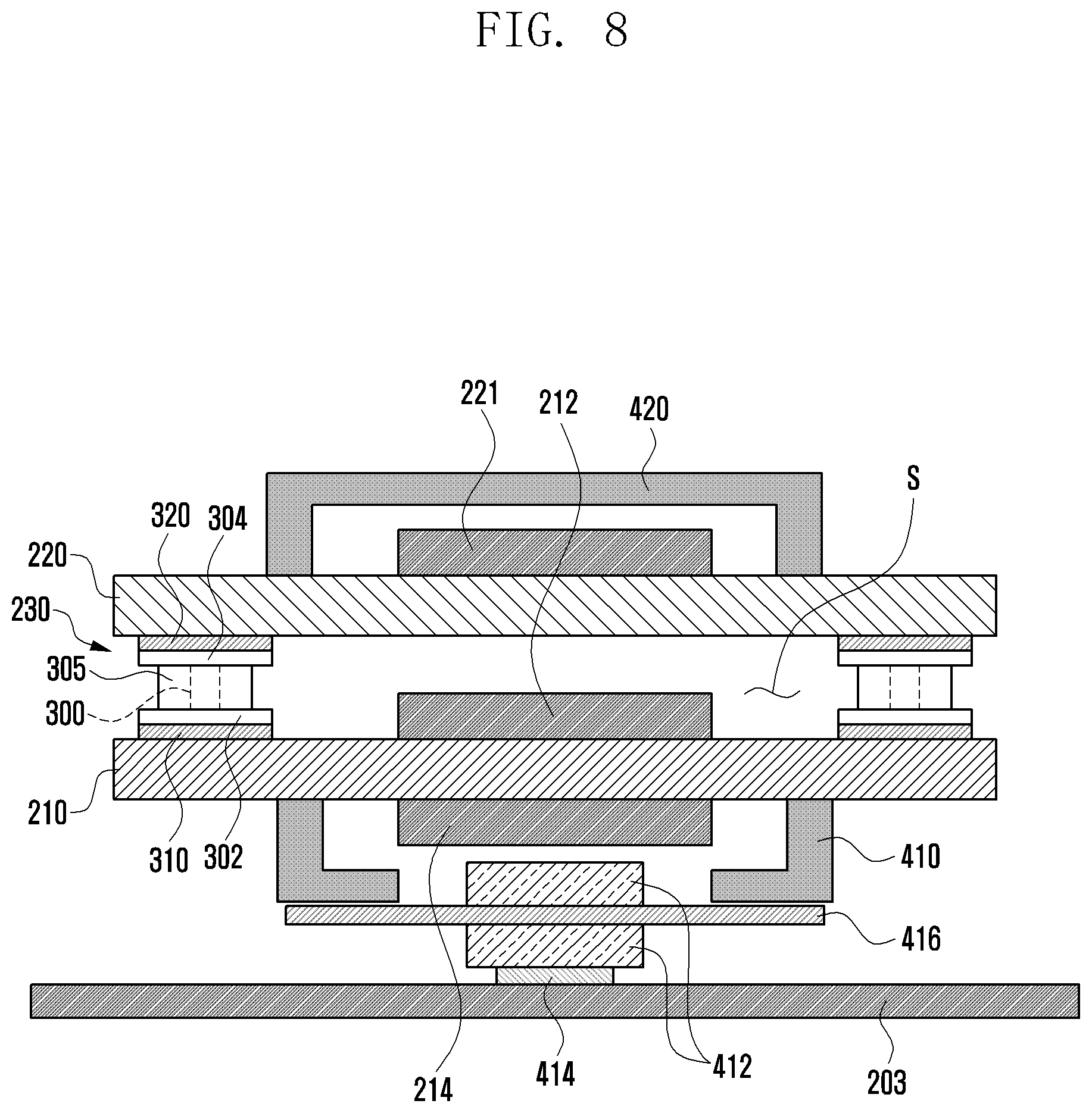 Patent US11818843 Figure 8 – Electronic device including interposer