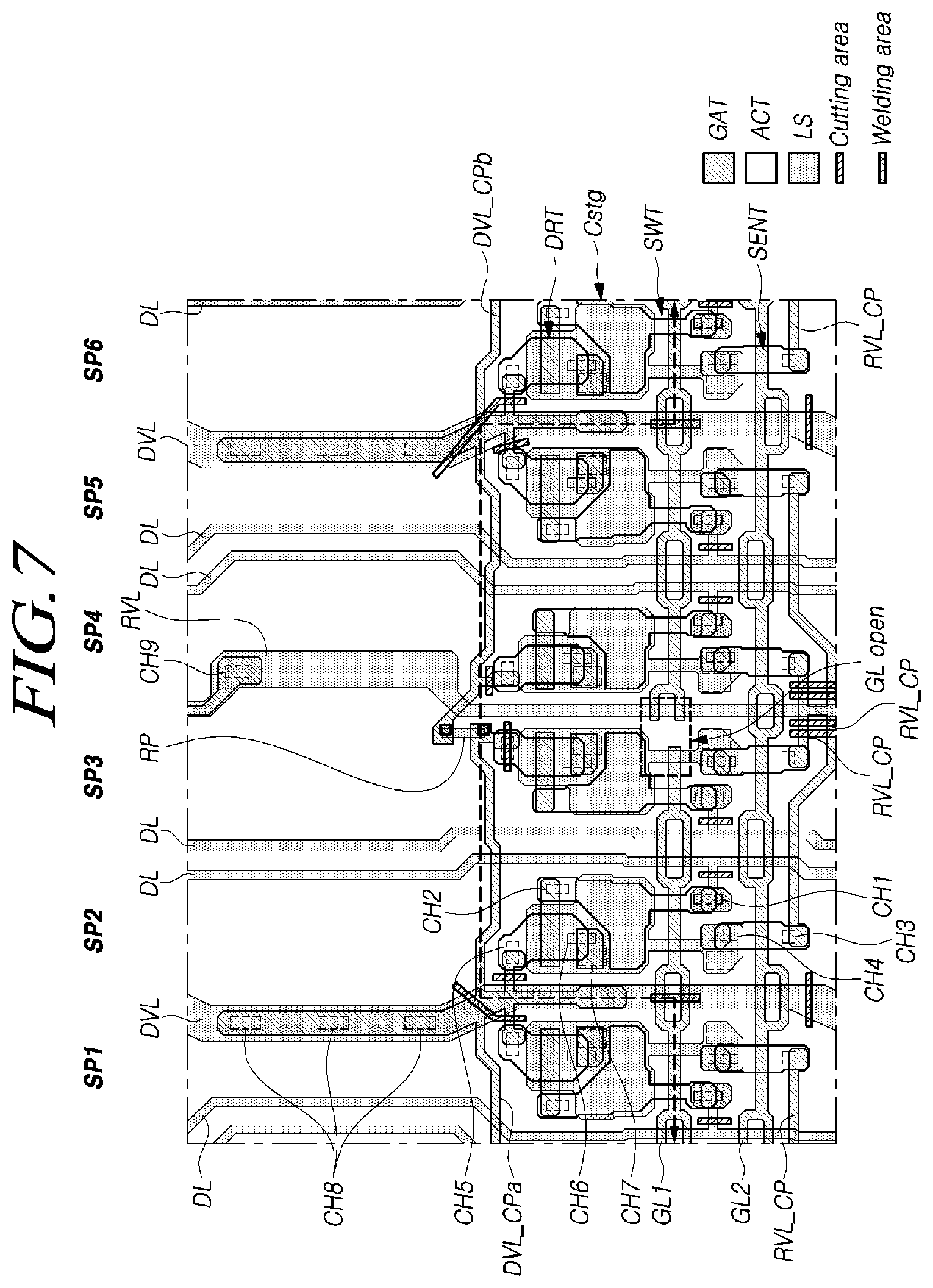 Patent US11818929 Figure 7 – Display device with repair patterns