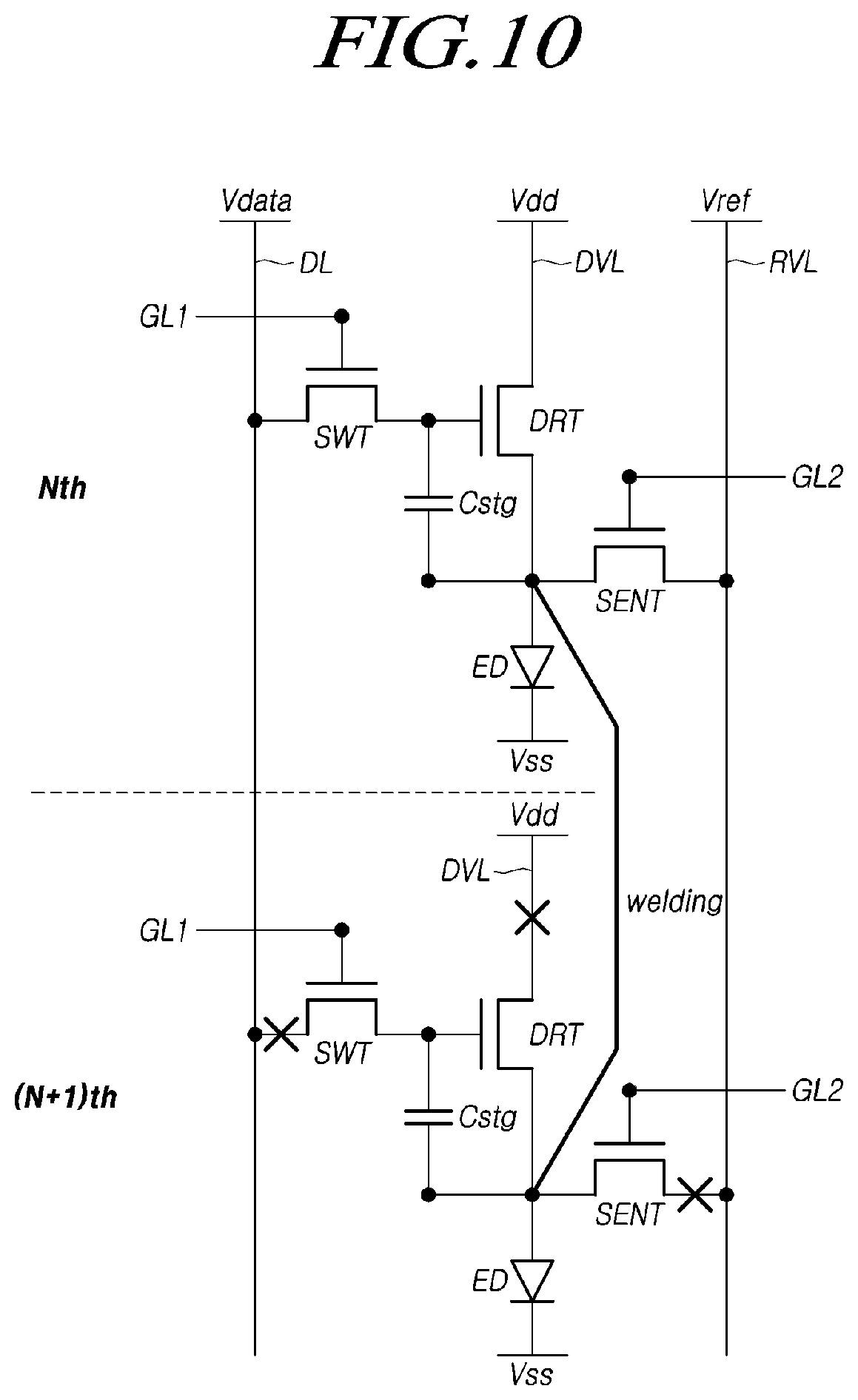 Patent US11818929 Figure 10 – Display device with repair patterns