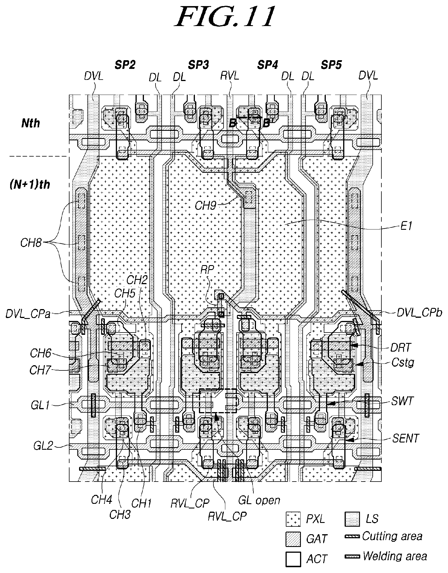 Patent US11818929 Figure 11 – Display device with repair patterns